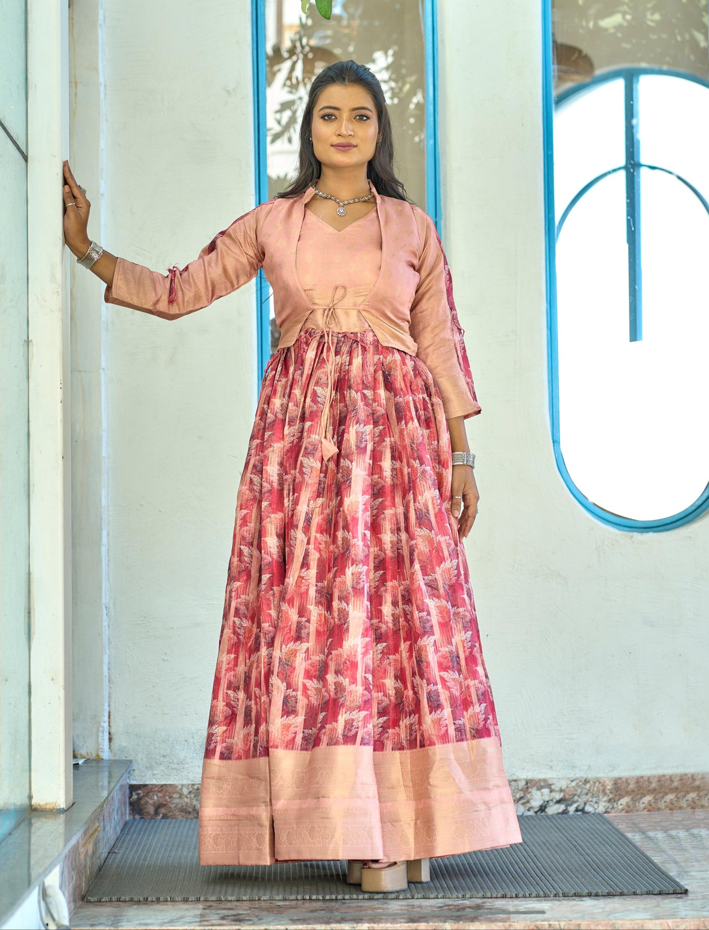 Lovely Soft Silk Printed Zari Border Worked Gown With Koti - INDIAN ELEGANCE