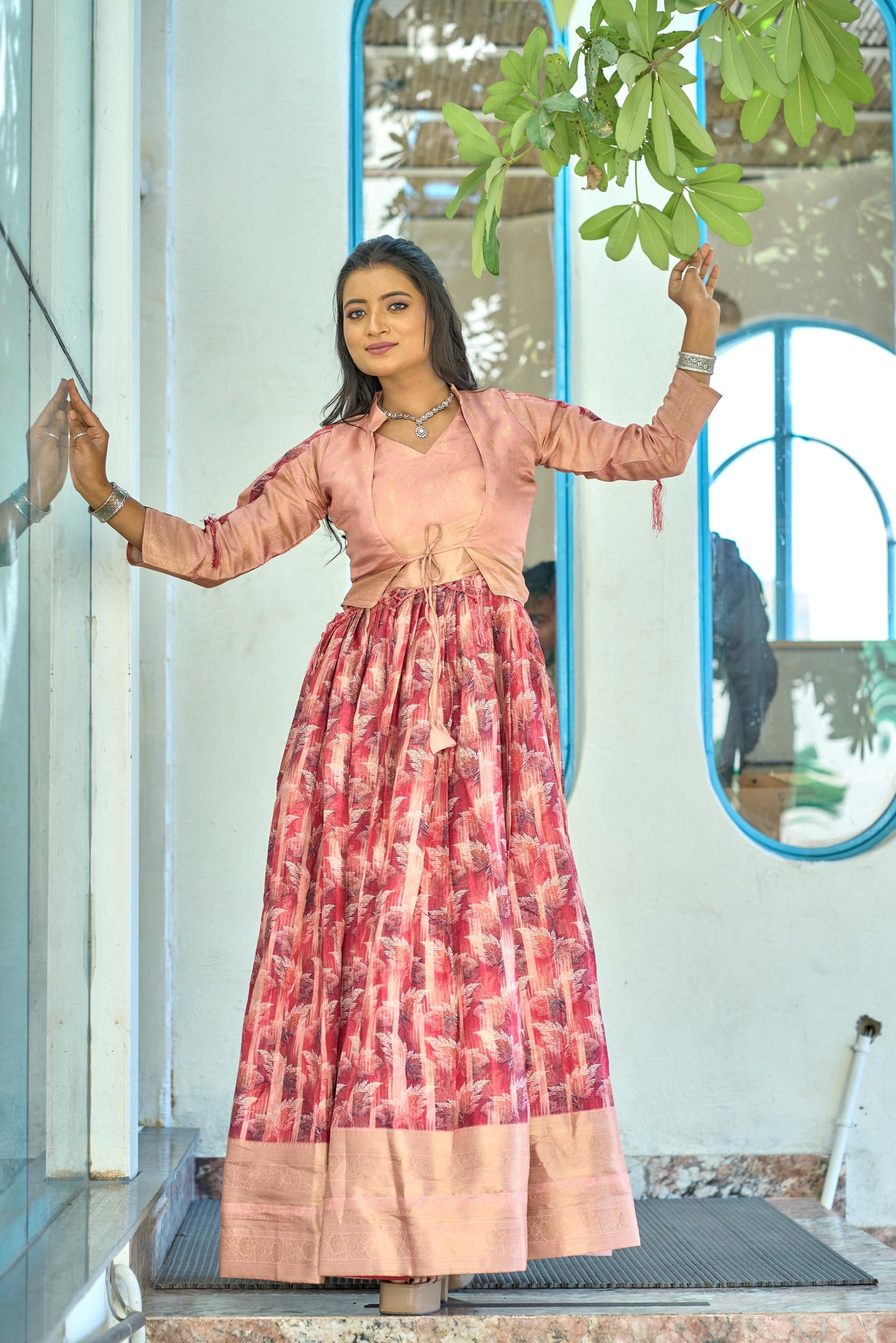 Lovely Soft Silk Printed Zari Border Worked Gown With Koti - INDIAN ELEGANCE