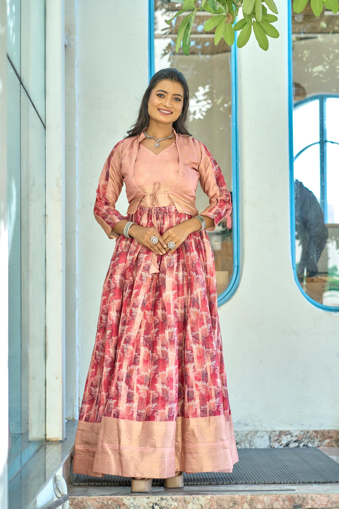 Lovely Soft Silk Printed Zari Border Worked Gown With Koti - INDIAN ELEGANCE