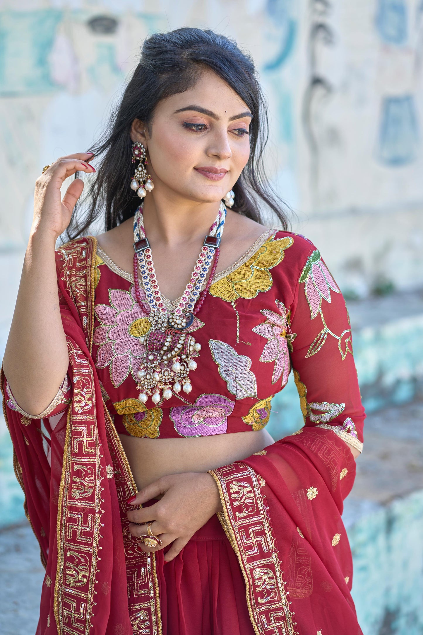 Magnificent Maroon Georgette Floral Embroidered Lehenga Choli Set - INDIAN ELEGANCE