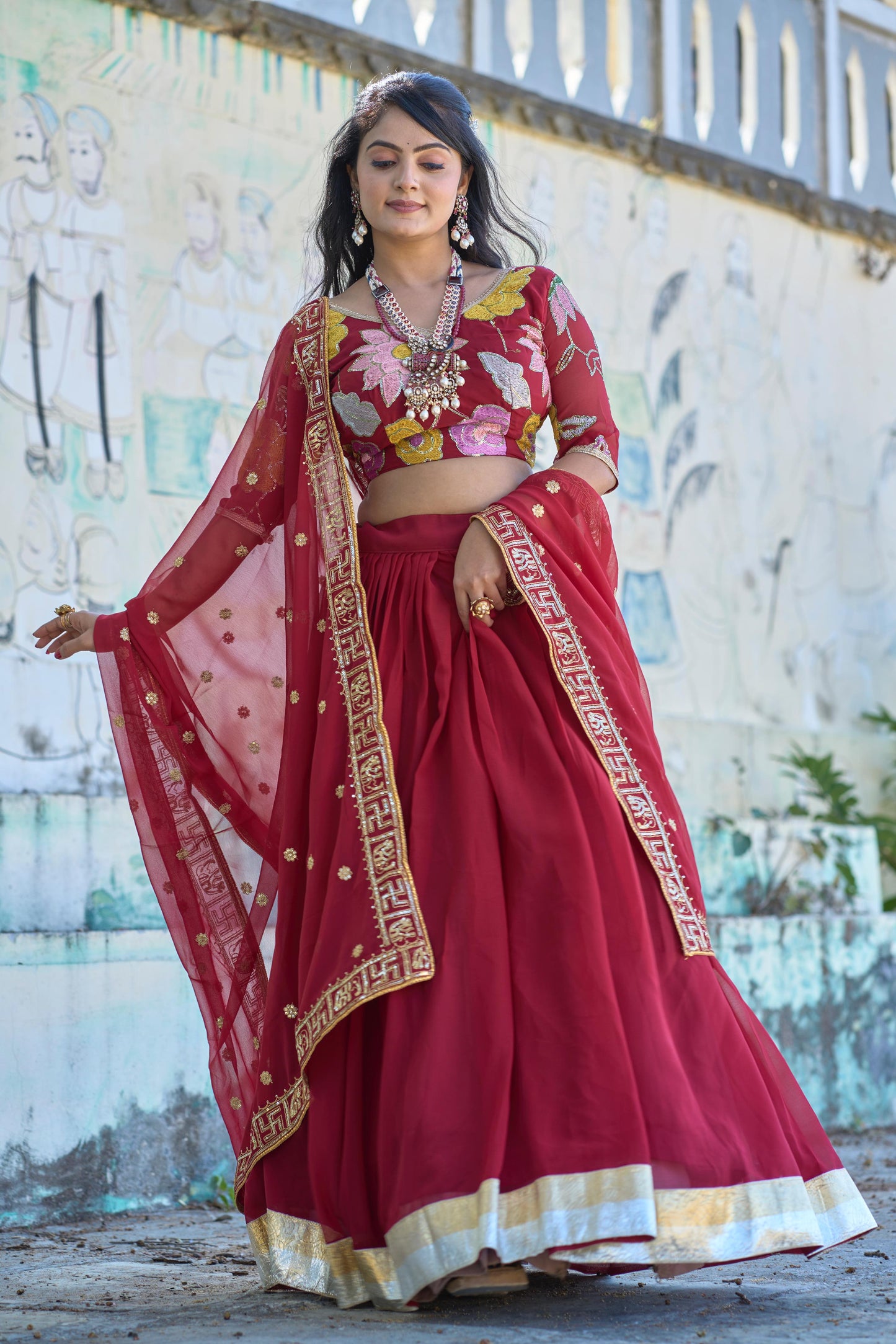 Magnificent Maroon Georgette Floral Embroidered Lehenga Choli Set - INDIAN ELEGANCE