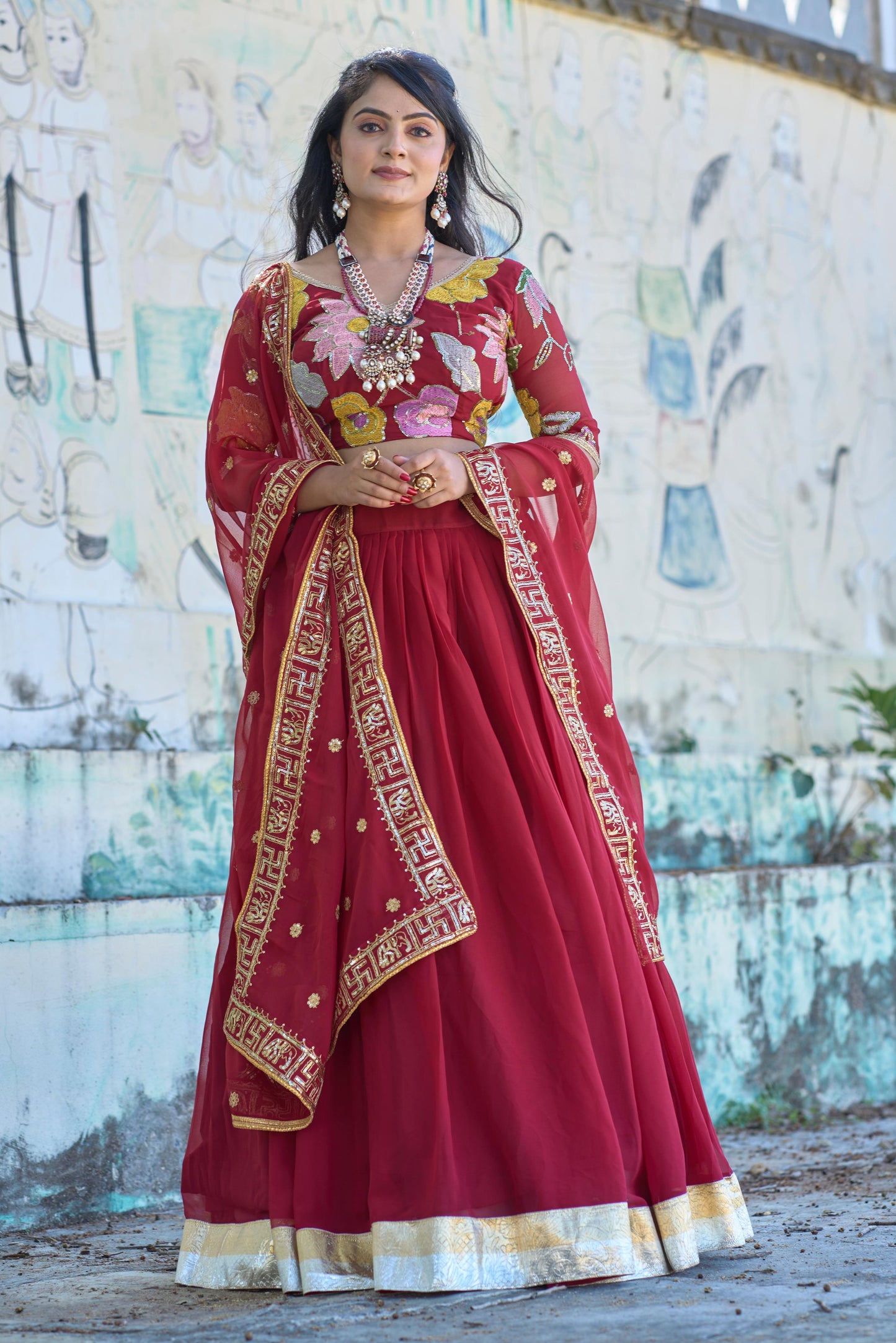 Magnificent Maroon Georgette Floral Embroidered Lehenga Choli Set - INDIAN ELEGANCE