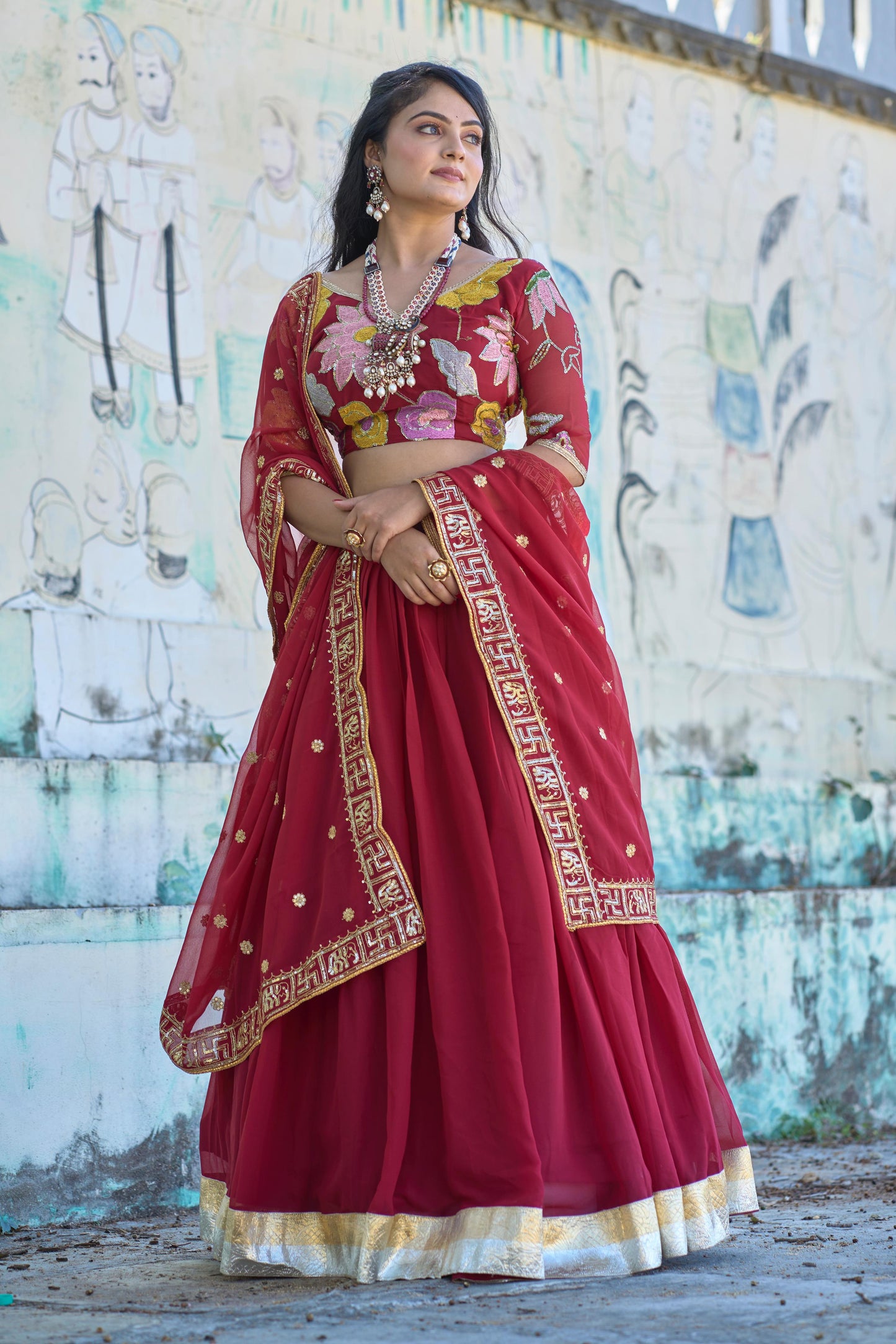 Magnificent Maroon Georgette Floral Embroidered Lehenga Choli Set - INDIAN ELEGANCE