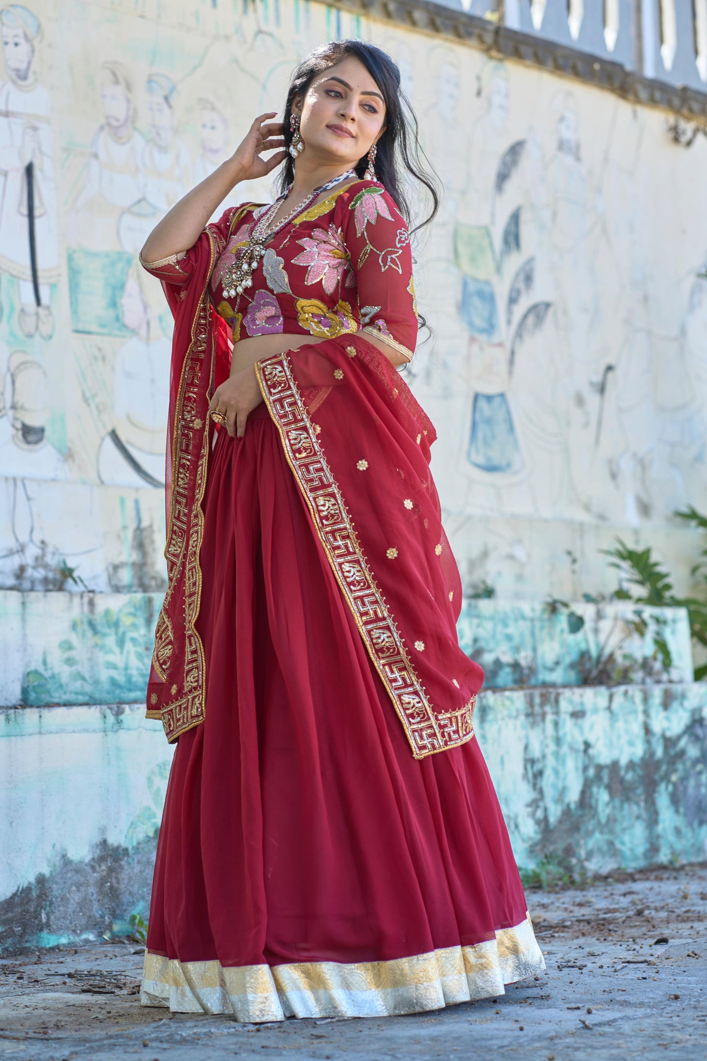 Magnificent Maroon Georgette Floral Embroidered Lehenga Choli Set - INDIAN ELEGANCE