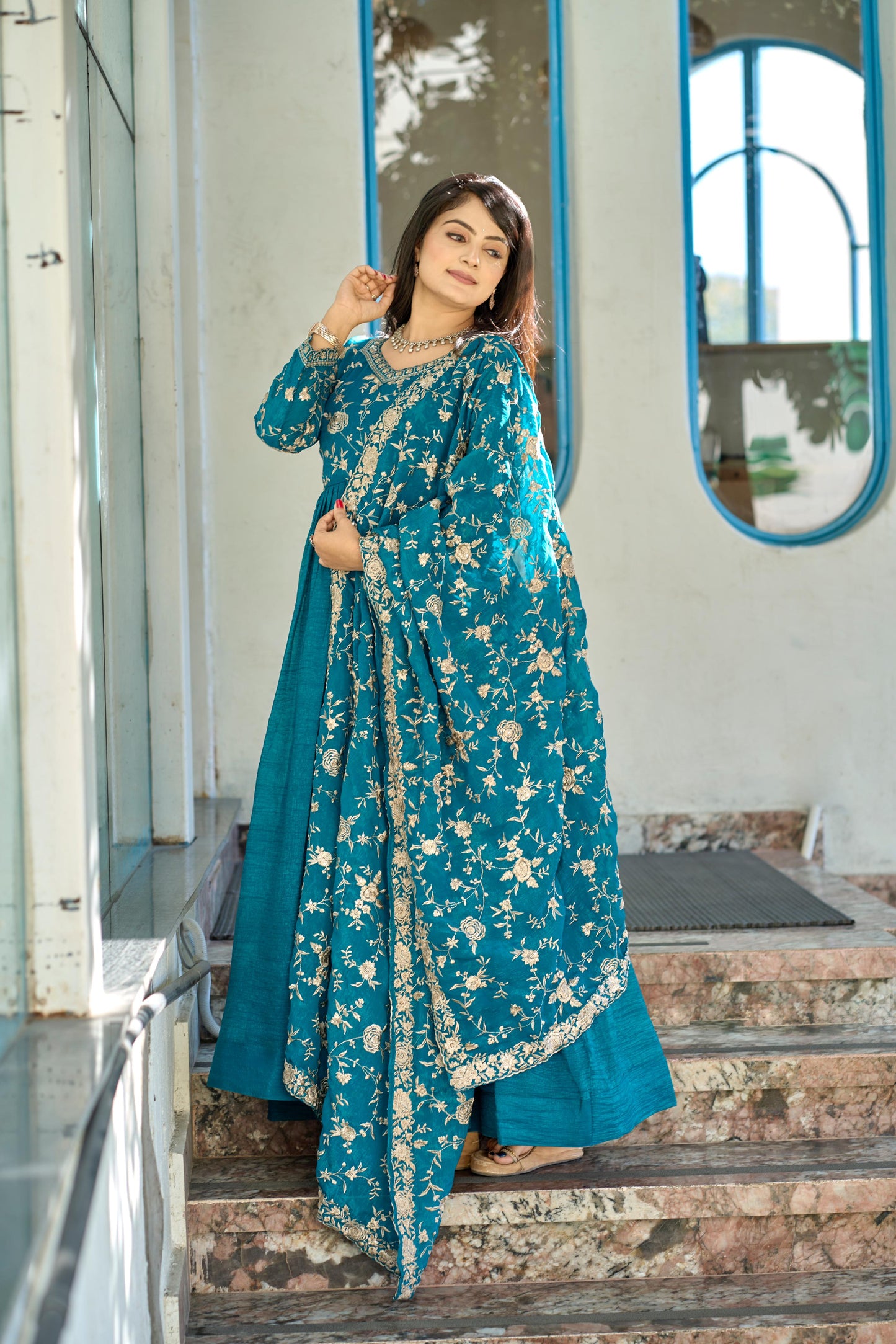 Exquisite Rama Colored Pure Crunchy Embroidered Gown With Dupatta - INDIAN ELEGANCE