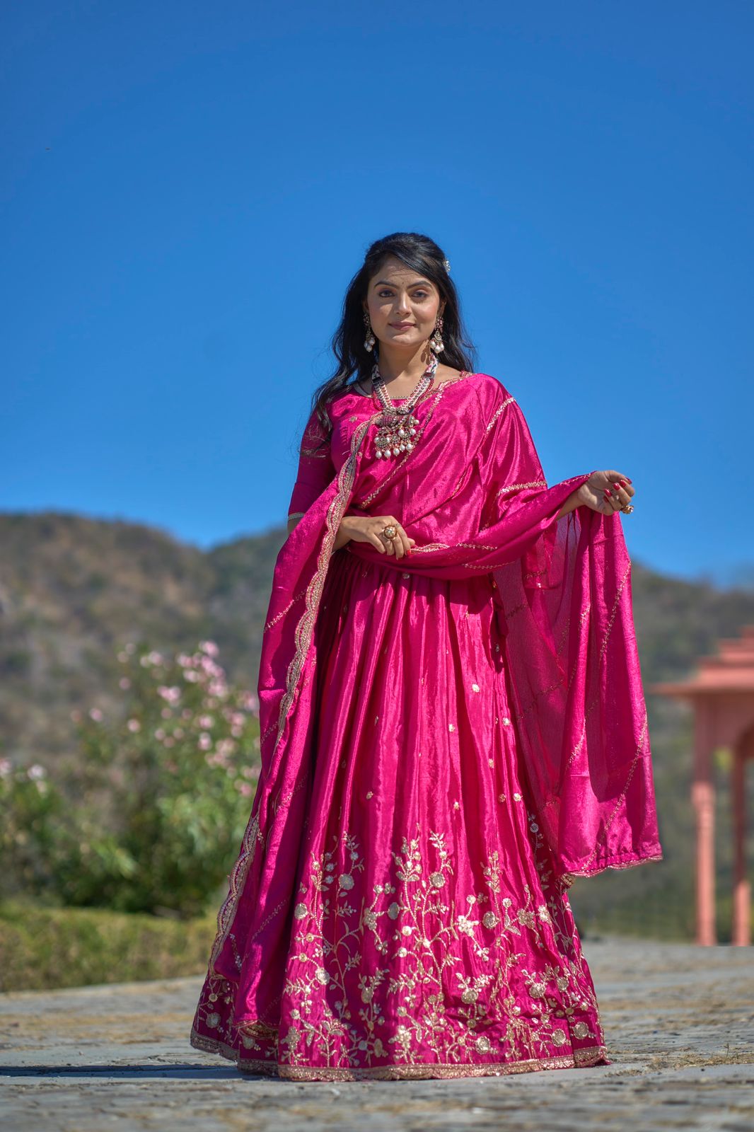 Elegant Chinon Thread Zari Embroidered Lehenga Choli Set - INDIAN ELEGANCE