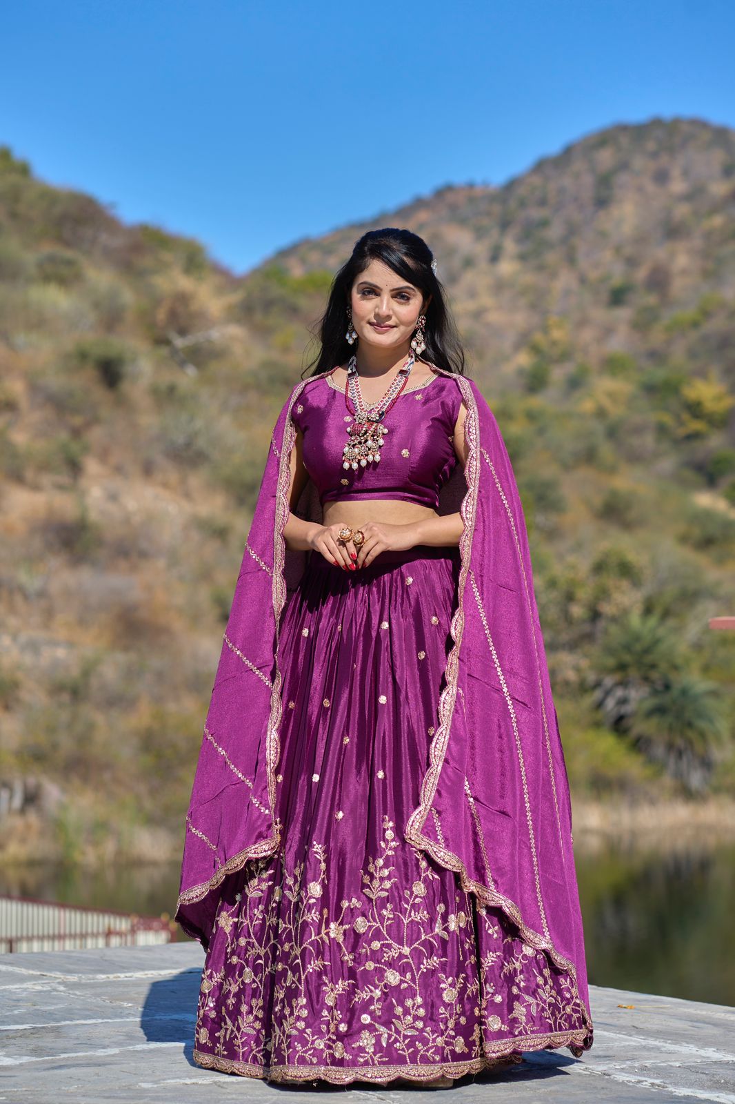 Elegant Chinon Thread Zari Embroidered Lehenga Choli Set - INDIAN ELEGANCE