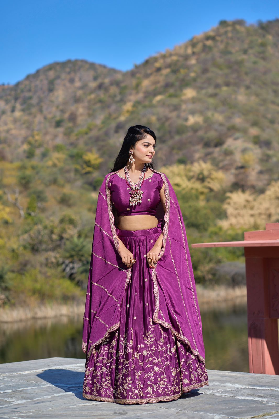 Elegant Chinon Thread Zari Embroidered Lehenga Choli Set - INDIAN ELEGANCE