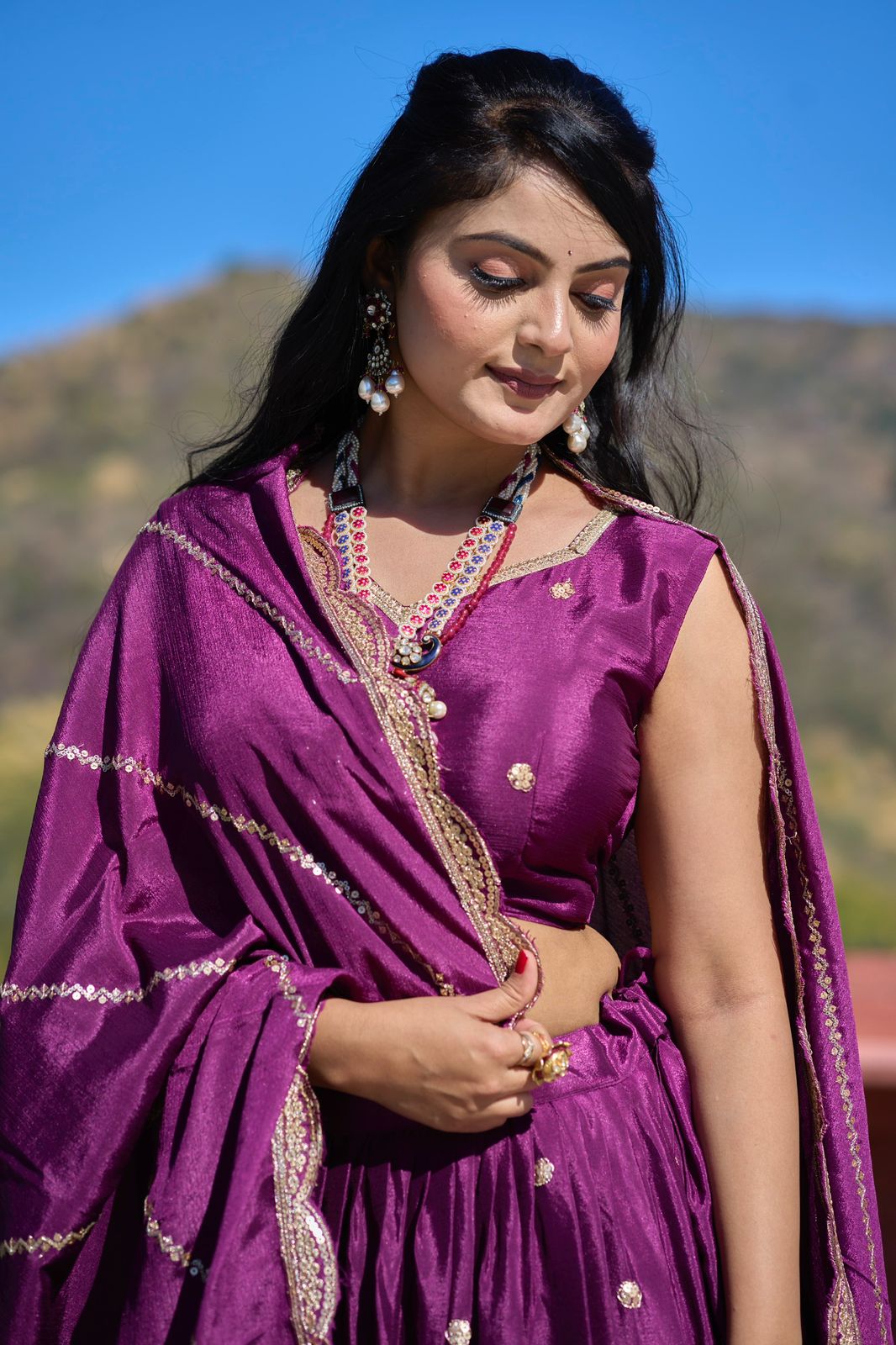 Elegant Chinon Thread Zari Embroidered Lehenga Choli Set - INDIAN ELEGANCE