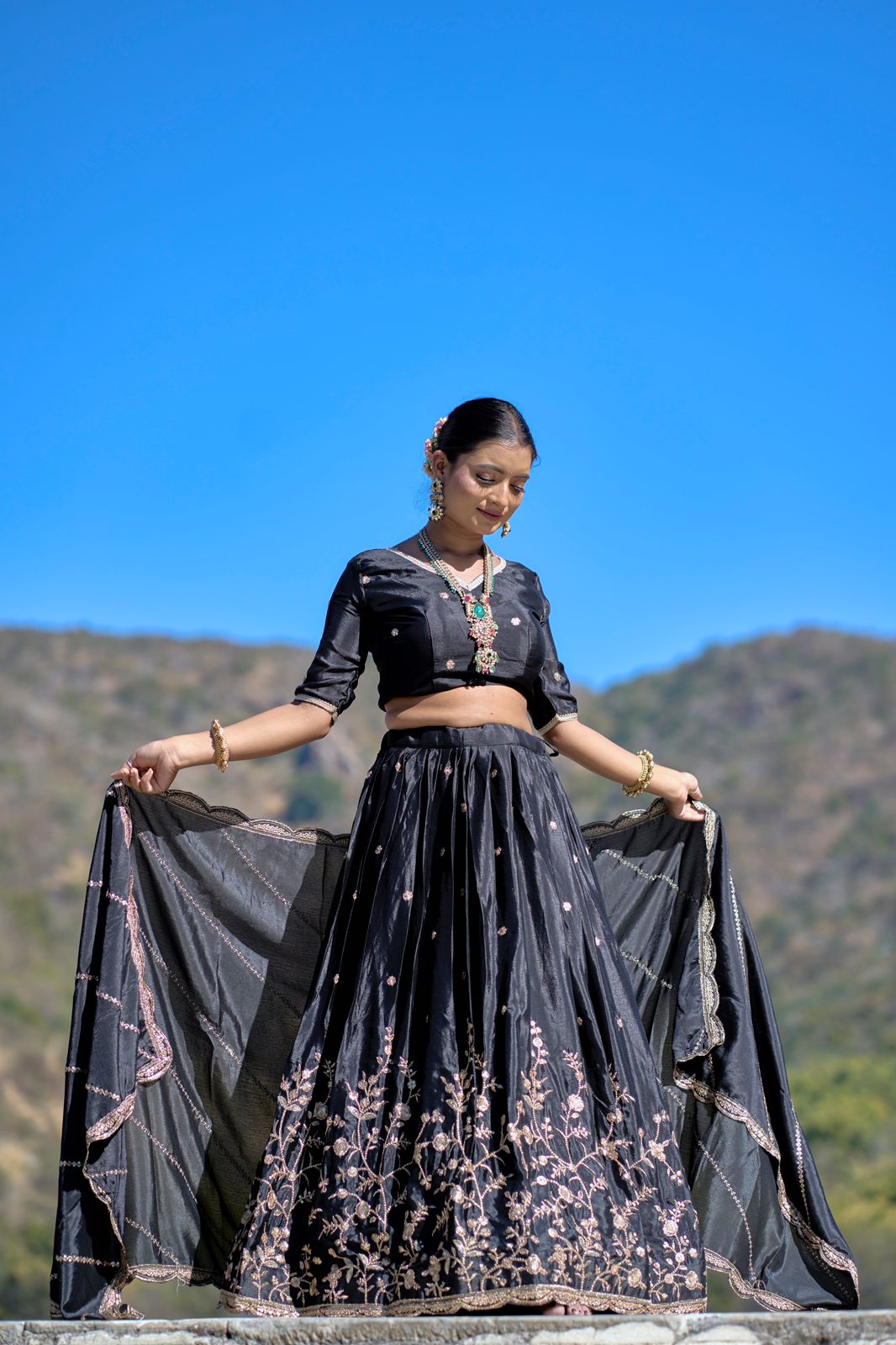Elegant Chinon Thread Zari Embroidered Lehenga Choli Set - INDIAN ELEGANCE