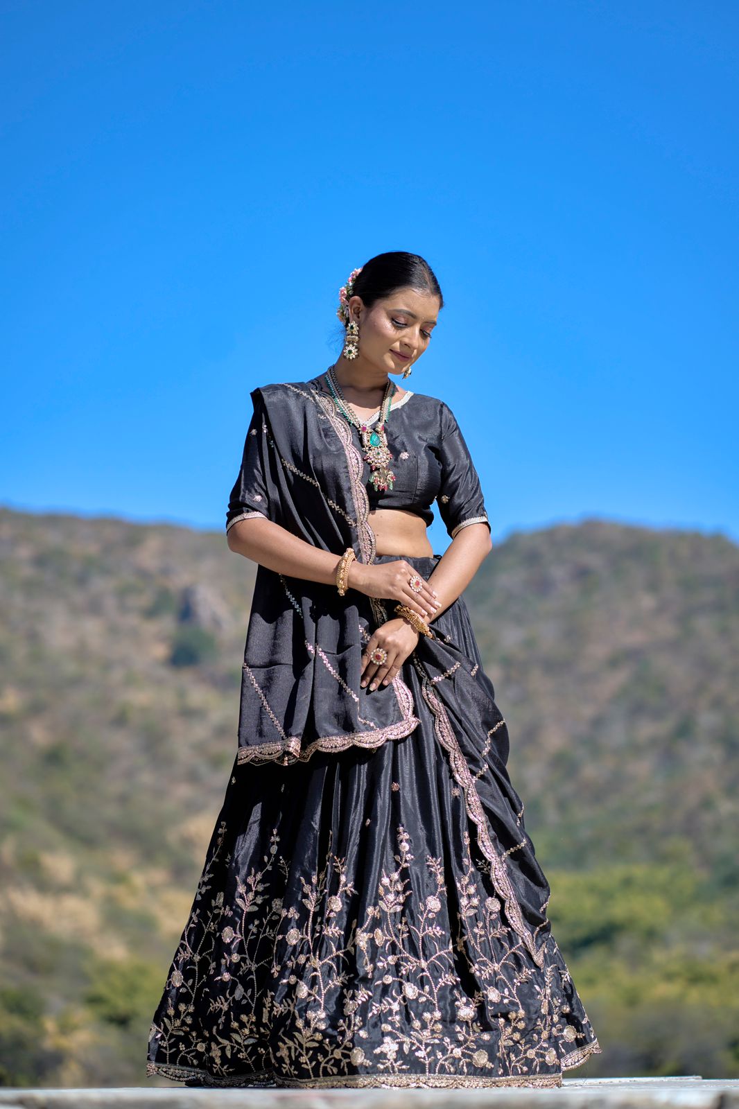 Elegant Chinon Thread Zari Embroidered Lehenga Choli Set - INDIAN ELEGANCE