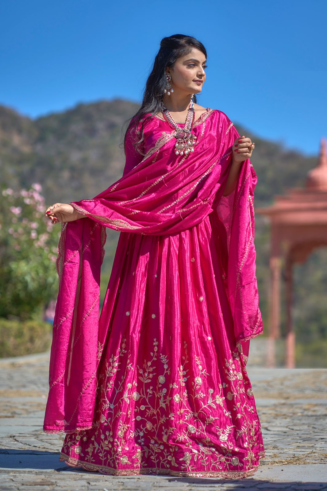 Elegant Chinon Thread Zari Embroidered Lehenga Choli Set - INDIAN ELEGANCE