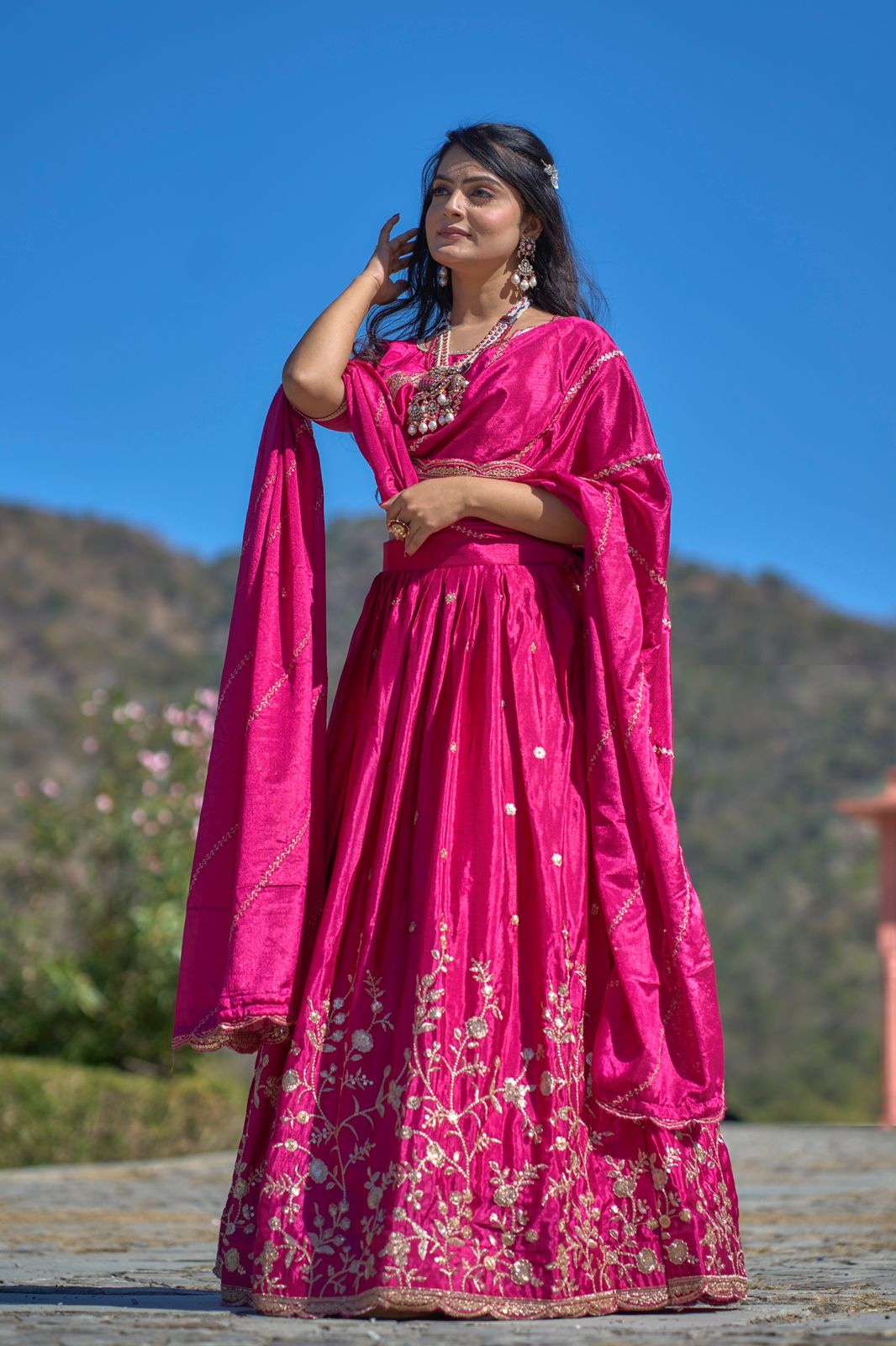 Elegant Chinon Thread Zari Embroidered Lehenga Choli Set - INDIAN ELEGANCE