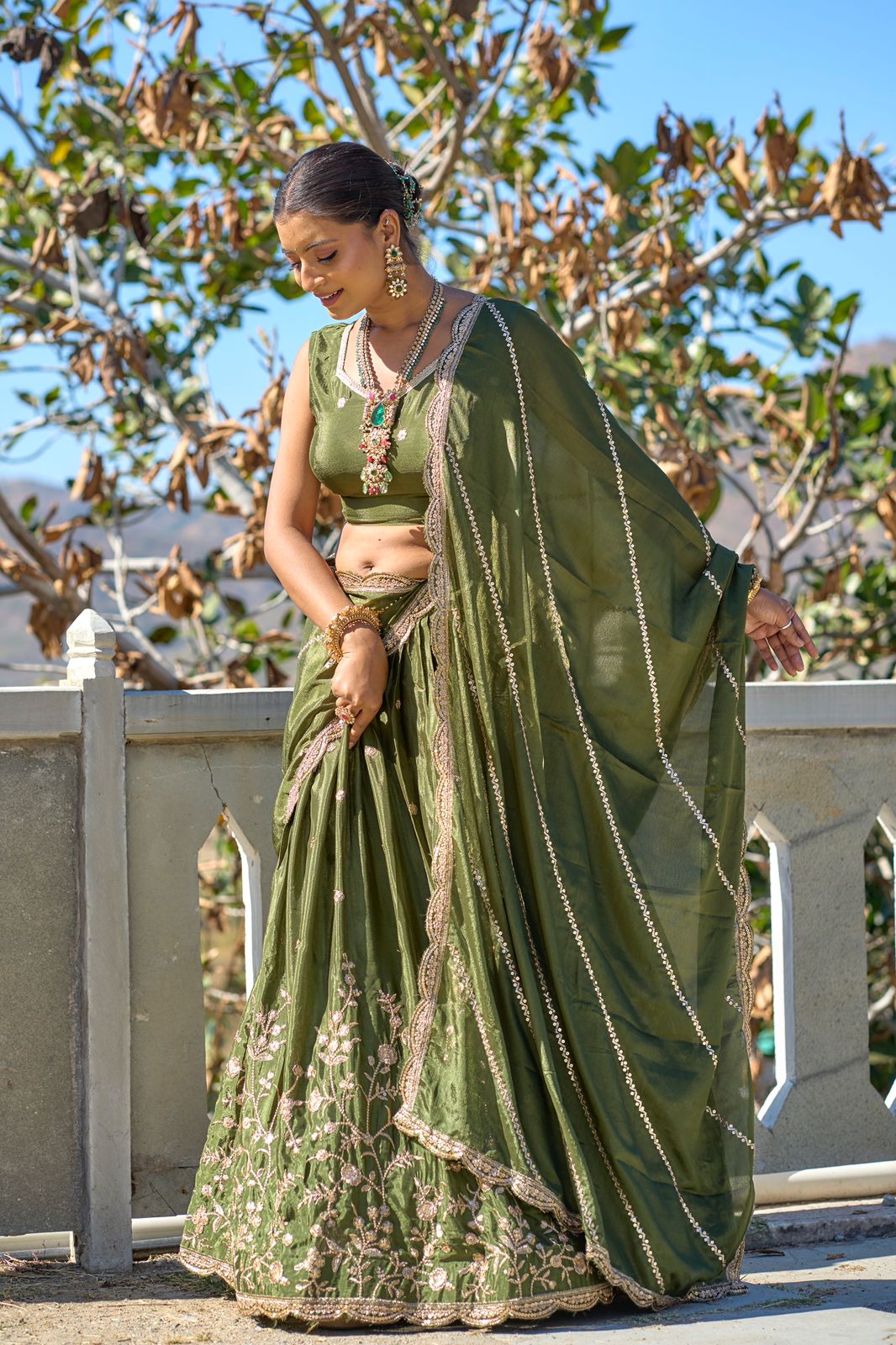 Elegant Chinon Thread Zari Embroidered Lehenga Choli Set - INDIAN ELEGANCE