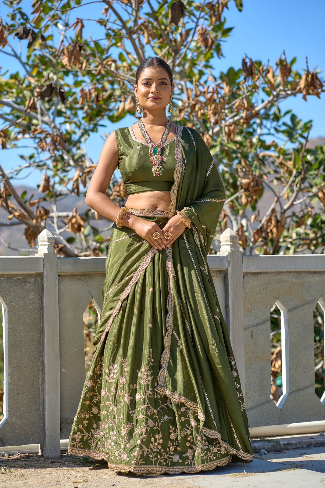 Elegant Chinon Thread Zari Embroidered Lehenga Choli Set - INDIAN ELEGANCE