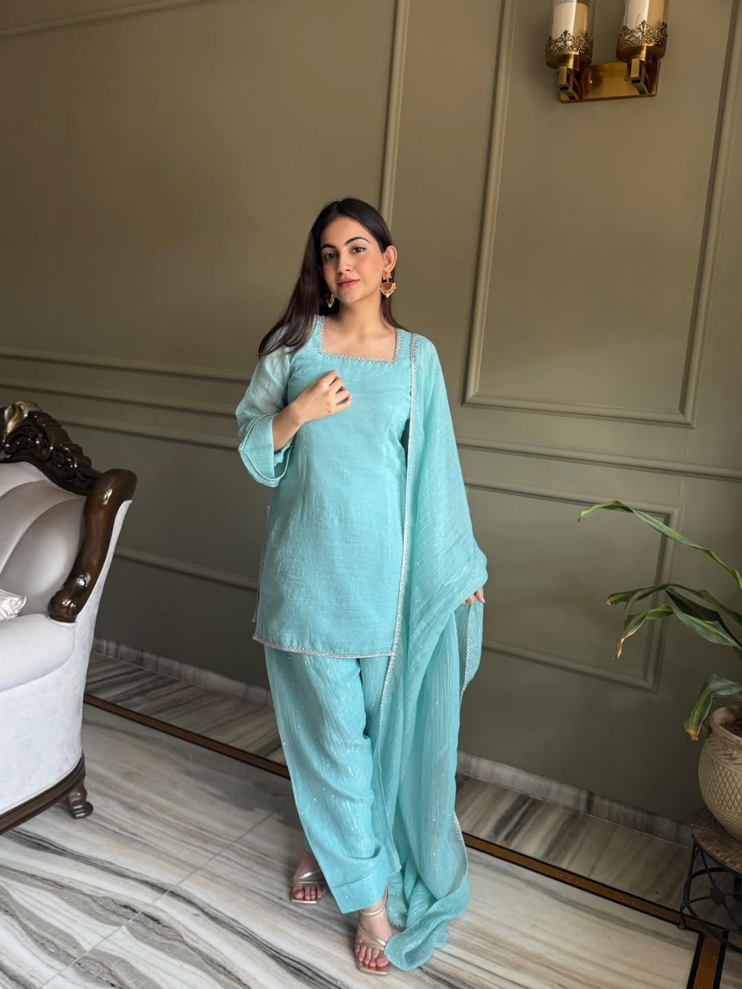 Designer Aqua Crunchy Silk farshi salwar suit Suit | Farewell & Wedding Outfit for Women