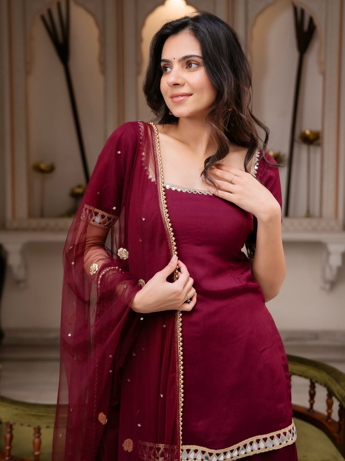 Premium Maroon Chinon Palazzo Suit Set woman | Wedding, Festive & Party Wear