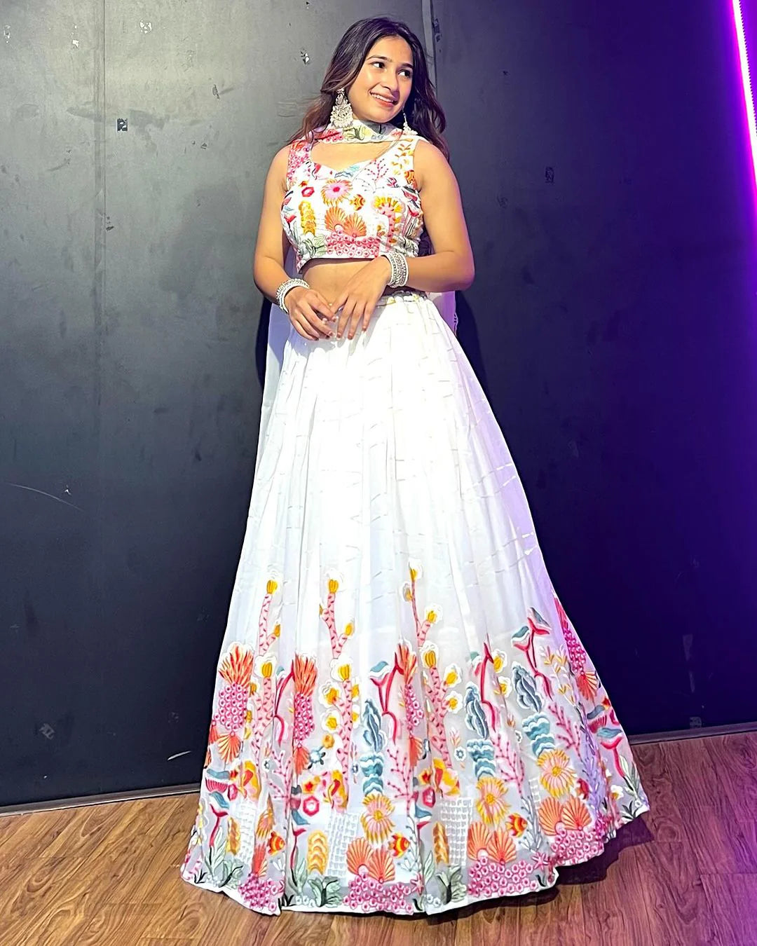 Exquisite White Floral Sequins Embroidered Lehenga Choli Set - INDIAN ELEGANCE
