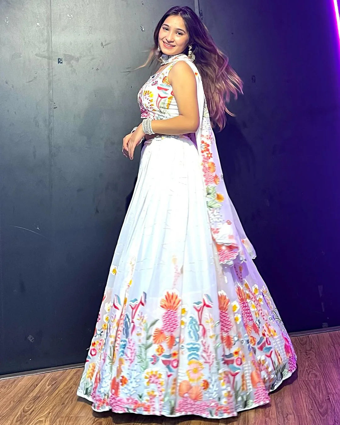 Exquisite White Floral Sequins Embroidered Lehenga Choli Set - INDIAN ELEGANCE