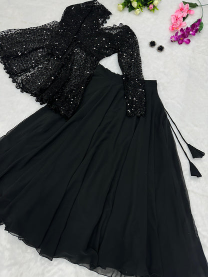 Black Indo-Western Peplum Top with Lehenga Skirt – Sequins Blazer Style Co-ord Set