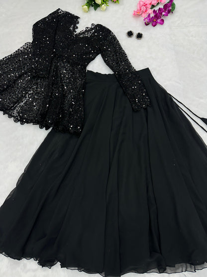 Black Indo-Western Peplum Top with Lehenga Skirt – Sequins Blazer Style Co-ord Set