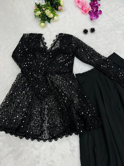 Black Indo-Western Peplum Top with Lehenga Skirt – Sequins Blazer Style Co-ord Set