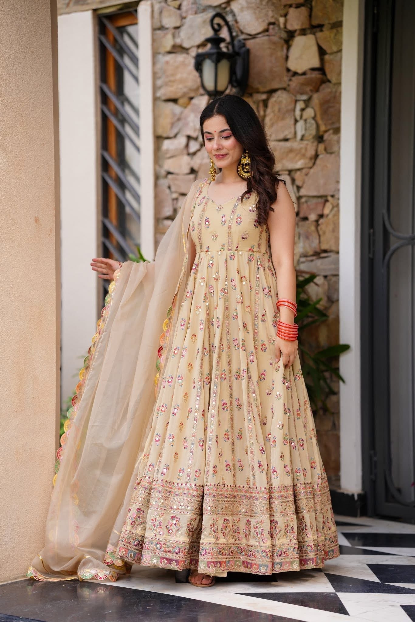 Pastel Blossom Anarkali Set โ Faux Georgette | S to XXL