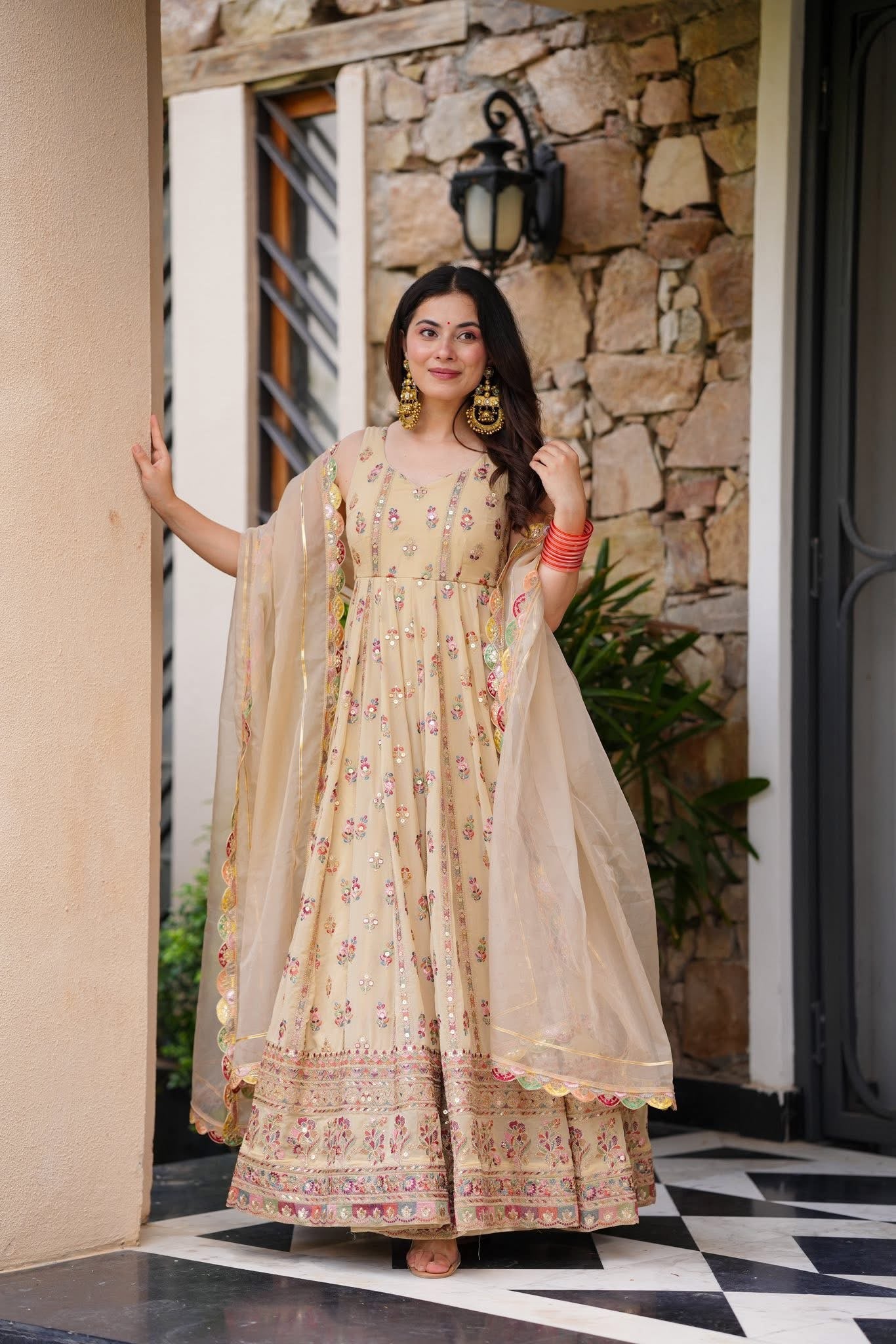 Pastel Blossom Anarkali Set โ Faux Georgette | S to XXL
