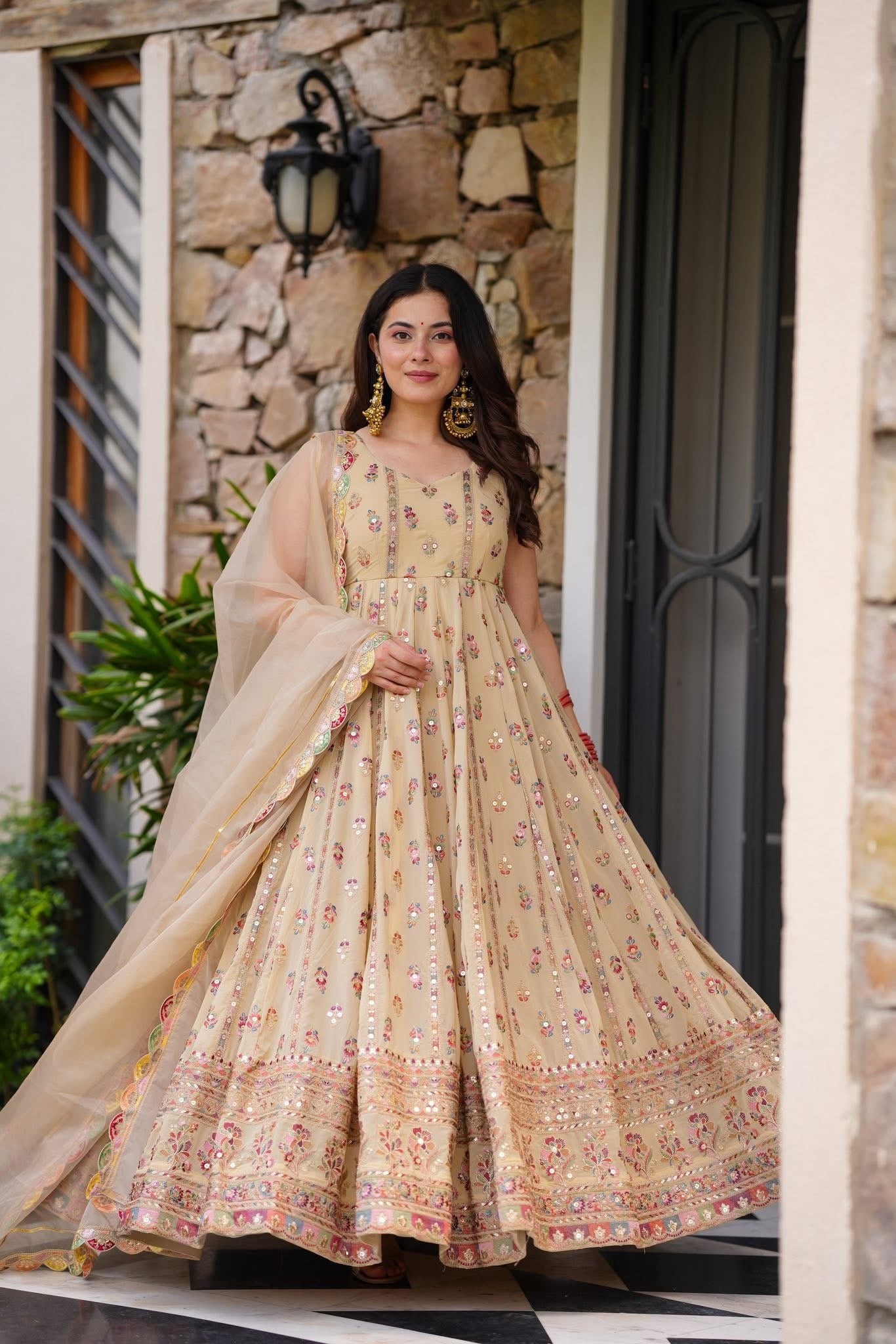 Pastel Blossom Anarkali Set โ Faux Georgette | S to XXL