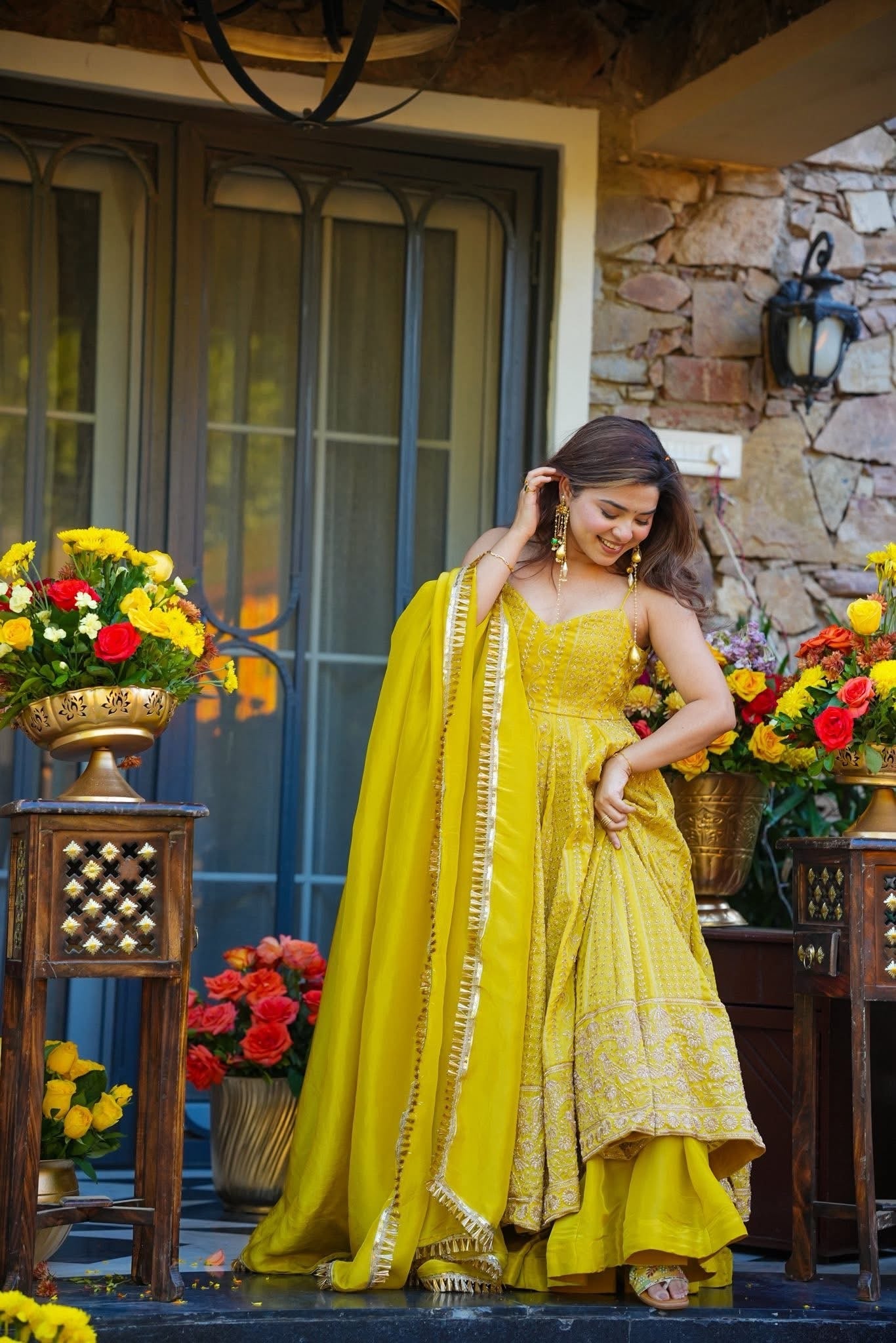 Wedding wear Yellow Organza Zari & Sequin Embroidered Anarkali Gown Sharara Set for Women