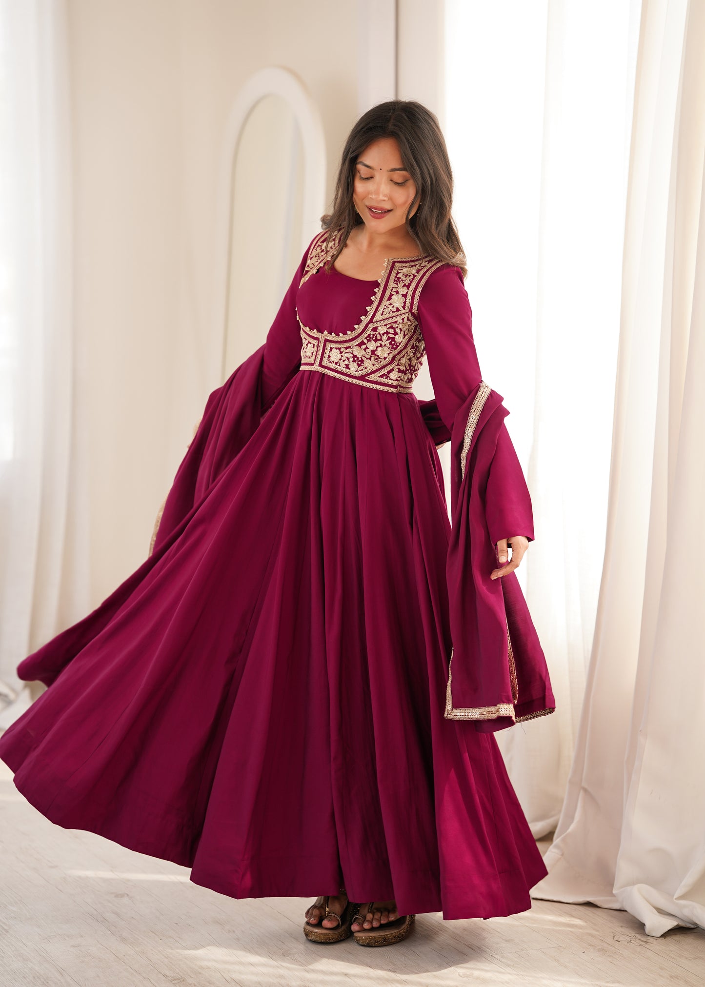 Premium Wine Roman Silk Chanderi Anarkali Suit Set with 5.5 Meter Flair