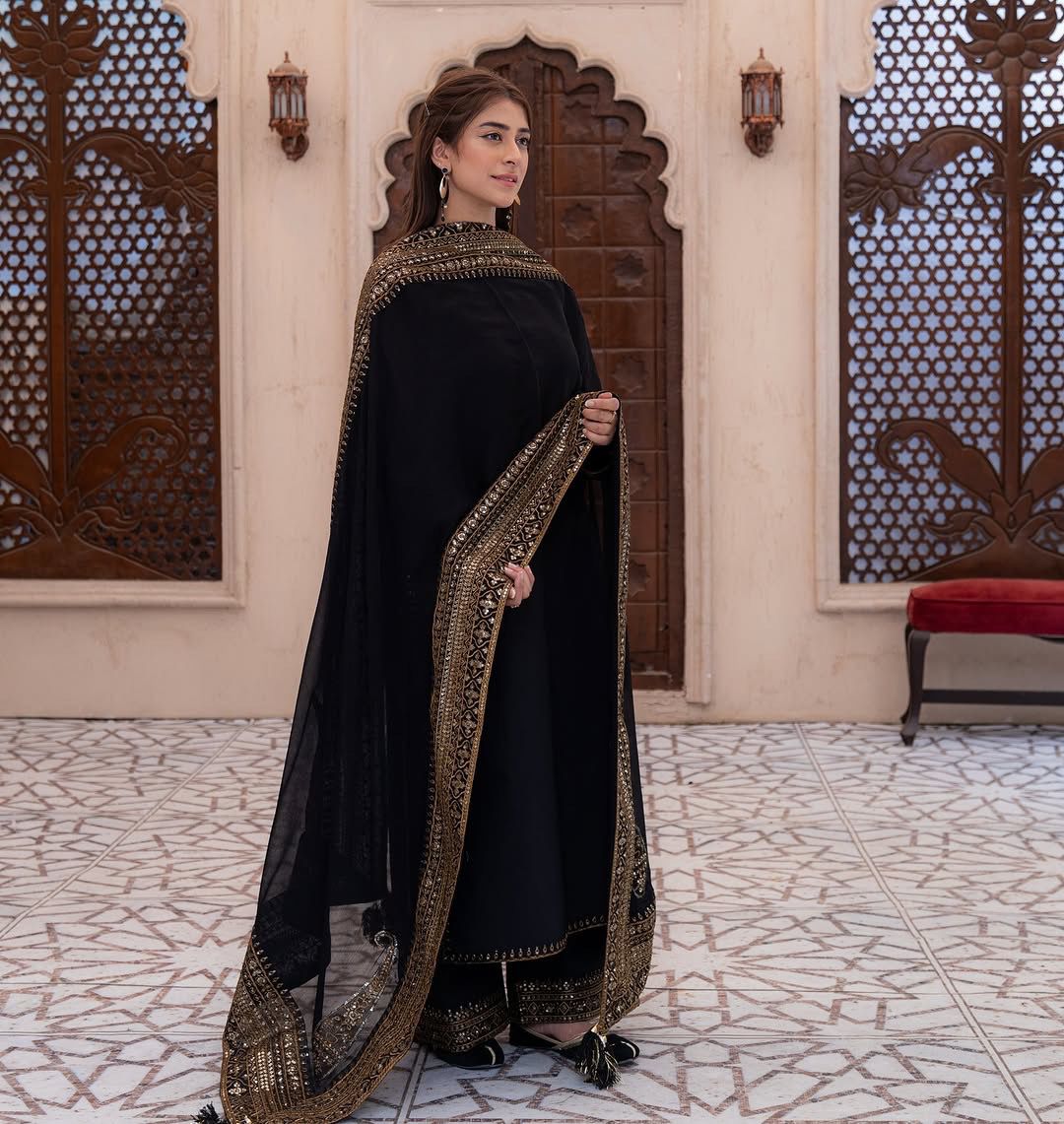 Designer Black Suit for Farewell & Sangeet – Roman Silk with Heavy Latkan Dupatta