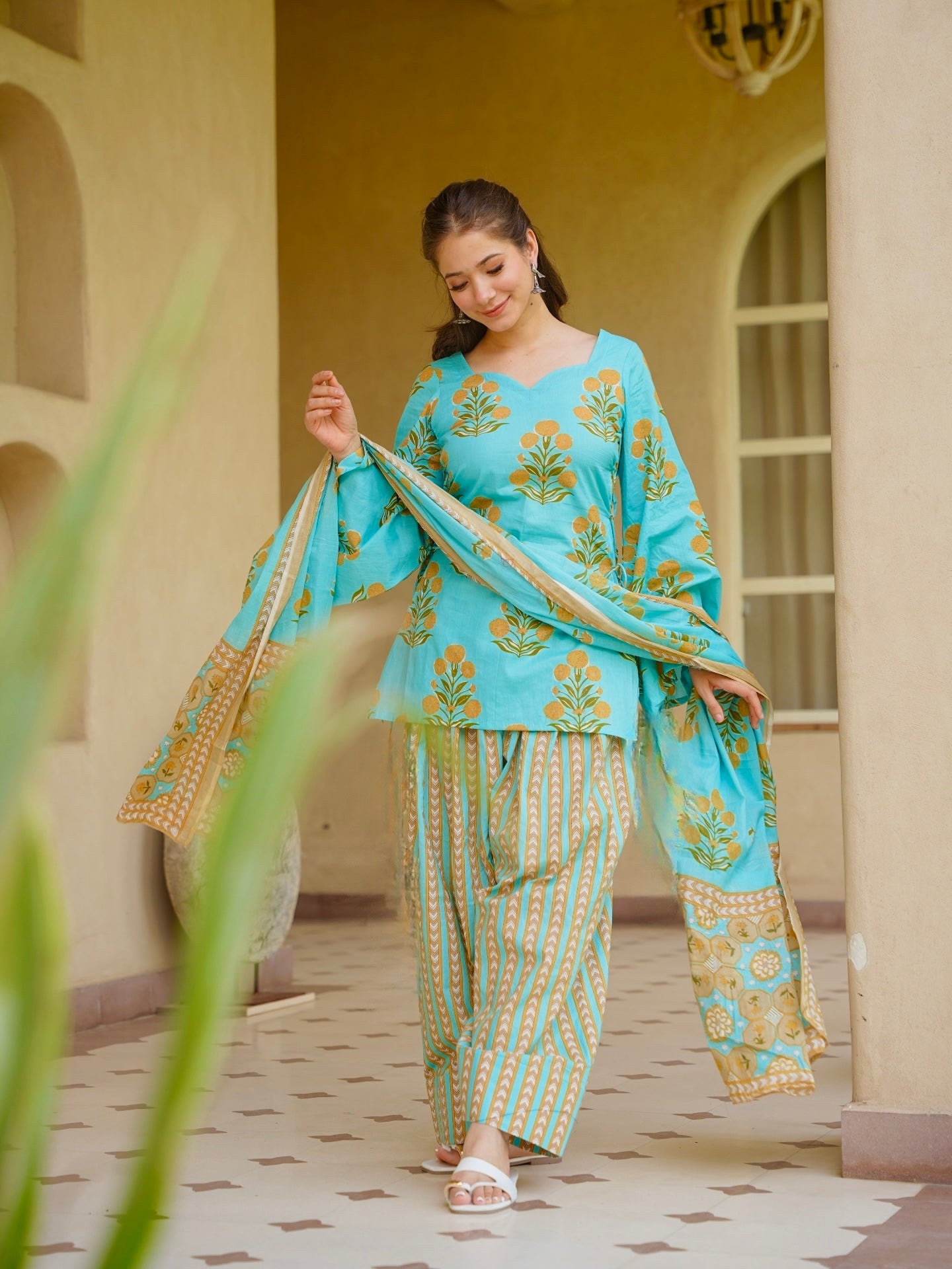 Pure Cambric Cotton Digital Print Kurta Set | Farshi Pant & Dupatta for Women