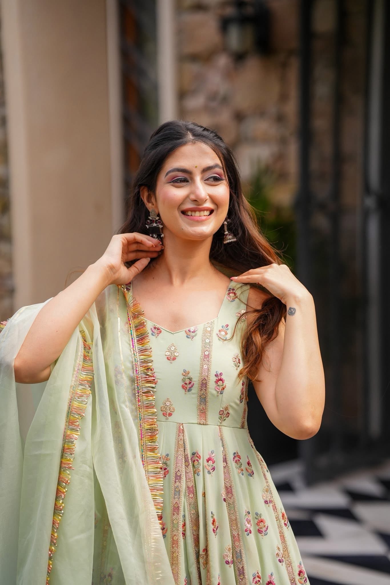 Pastel Blossom Anarkali Set โ Faux Georgette | S to XXL