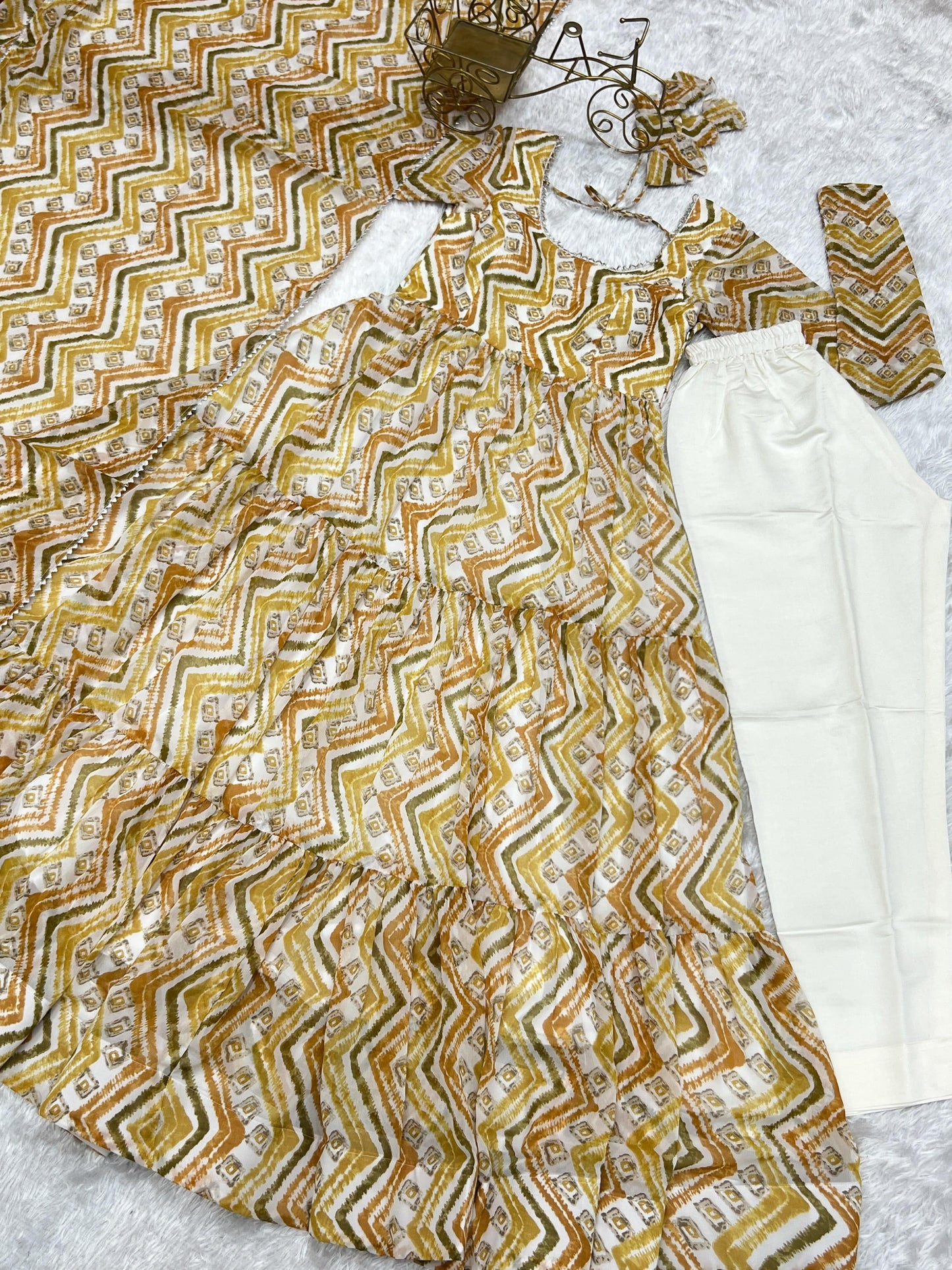 Resplendent Faux Georgette Zigzag Printed Anarkali Pant Suit - INDIAN ELEGANCE