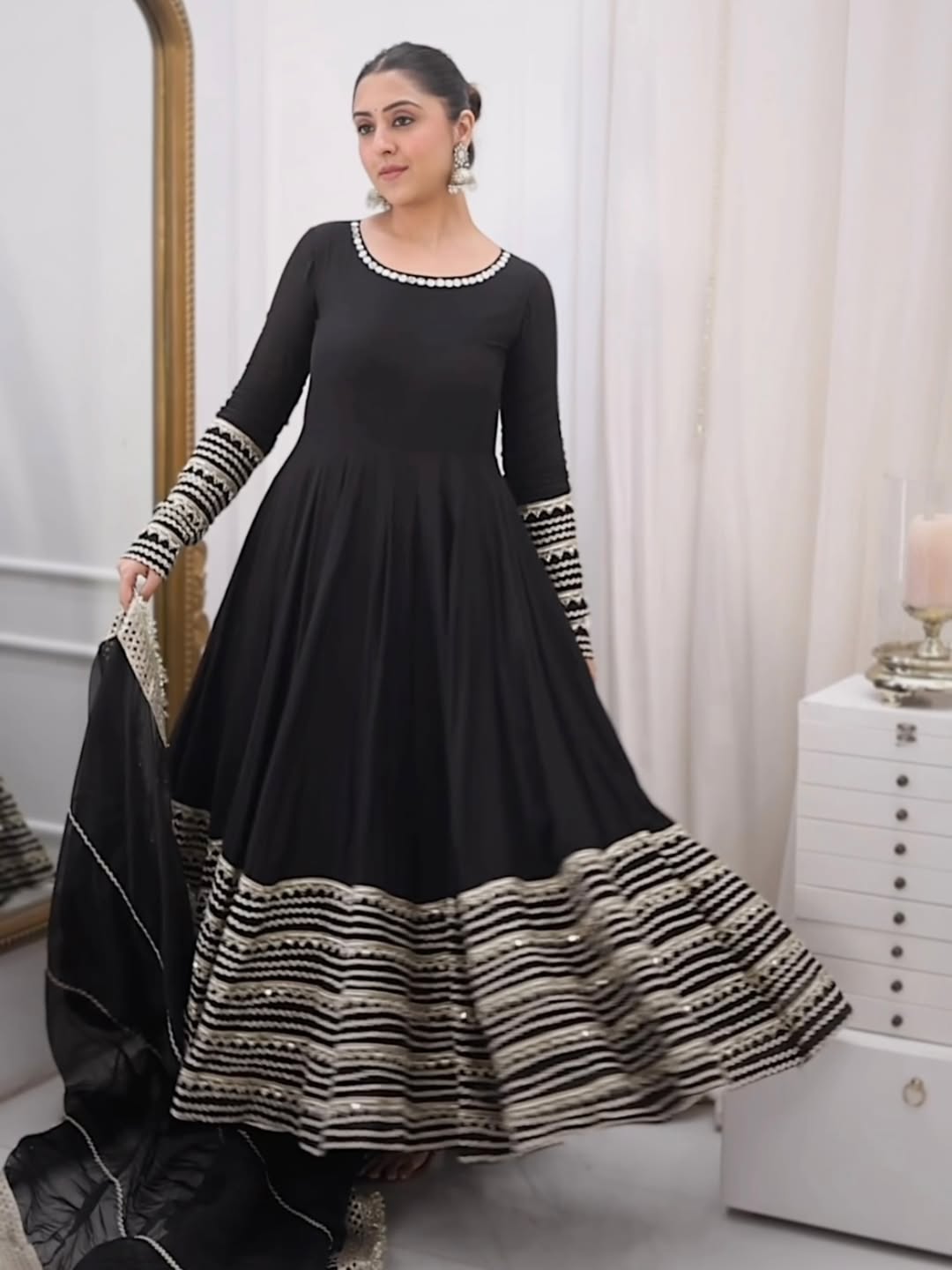 Black Embroidered Anarkali Gown Set with Dupatta – Rayon Sequins Party Wear Suit for Women | Wedding, Sangeet, Farewell & Reception