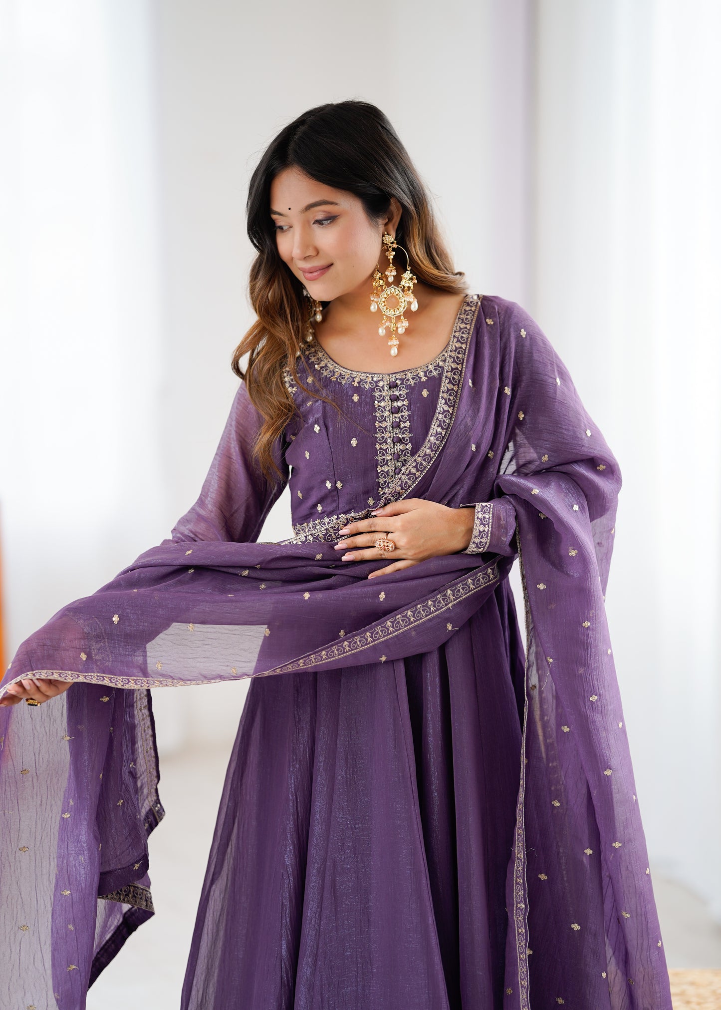 Premium Wedding Purple Anarkali Suit in Heavy Crunchy Silk with Embroidery & Dupatta