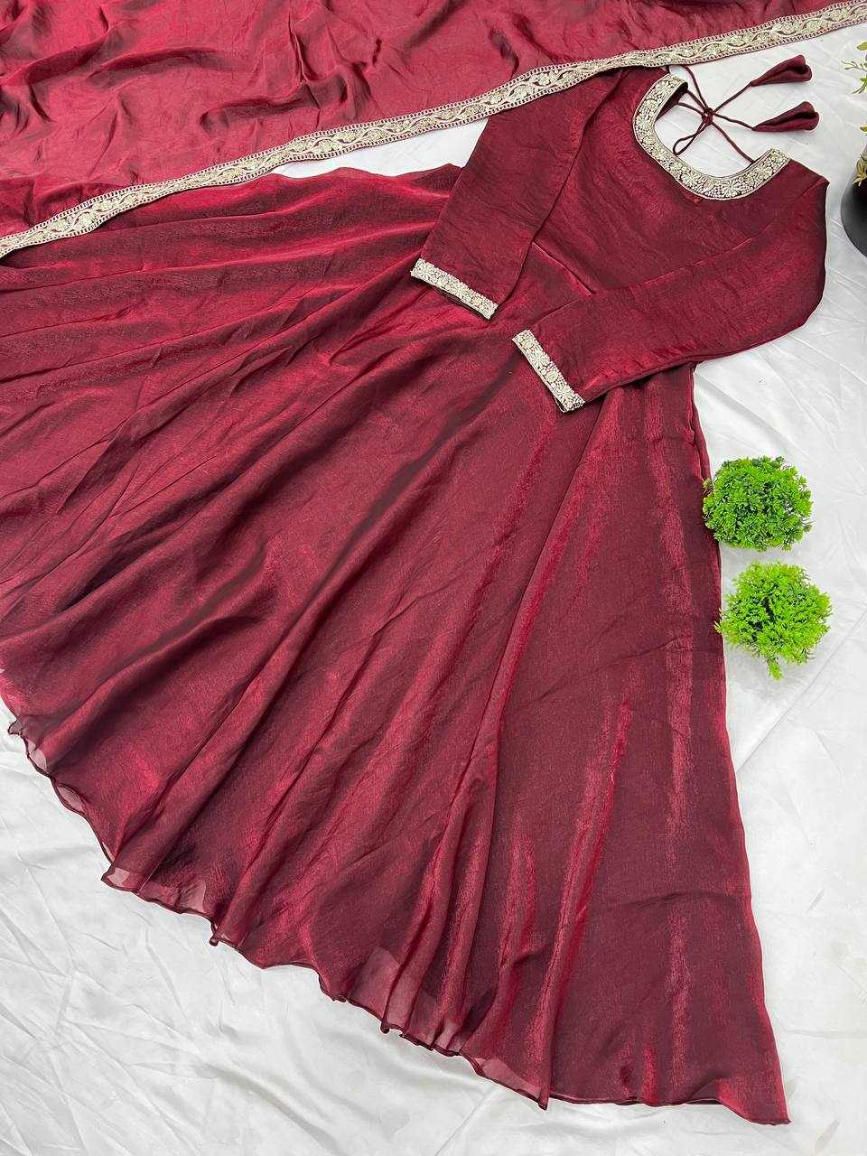 Gorgeous Fendi Silk Sequins Embroidered Fully Stitched Anarkali With Dupatta
