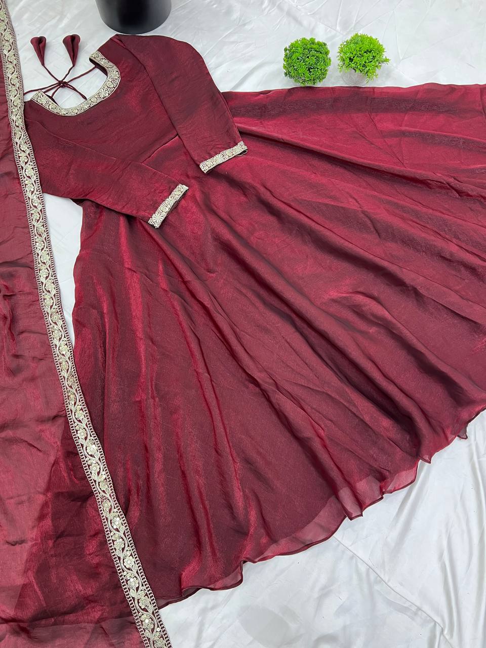 Gorgeous Fendi Silk Sequins Embroidered Fully Stitched Anarkali With Dupatta