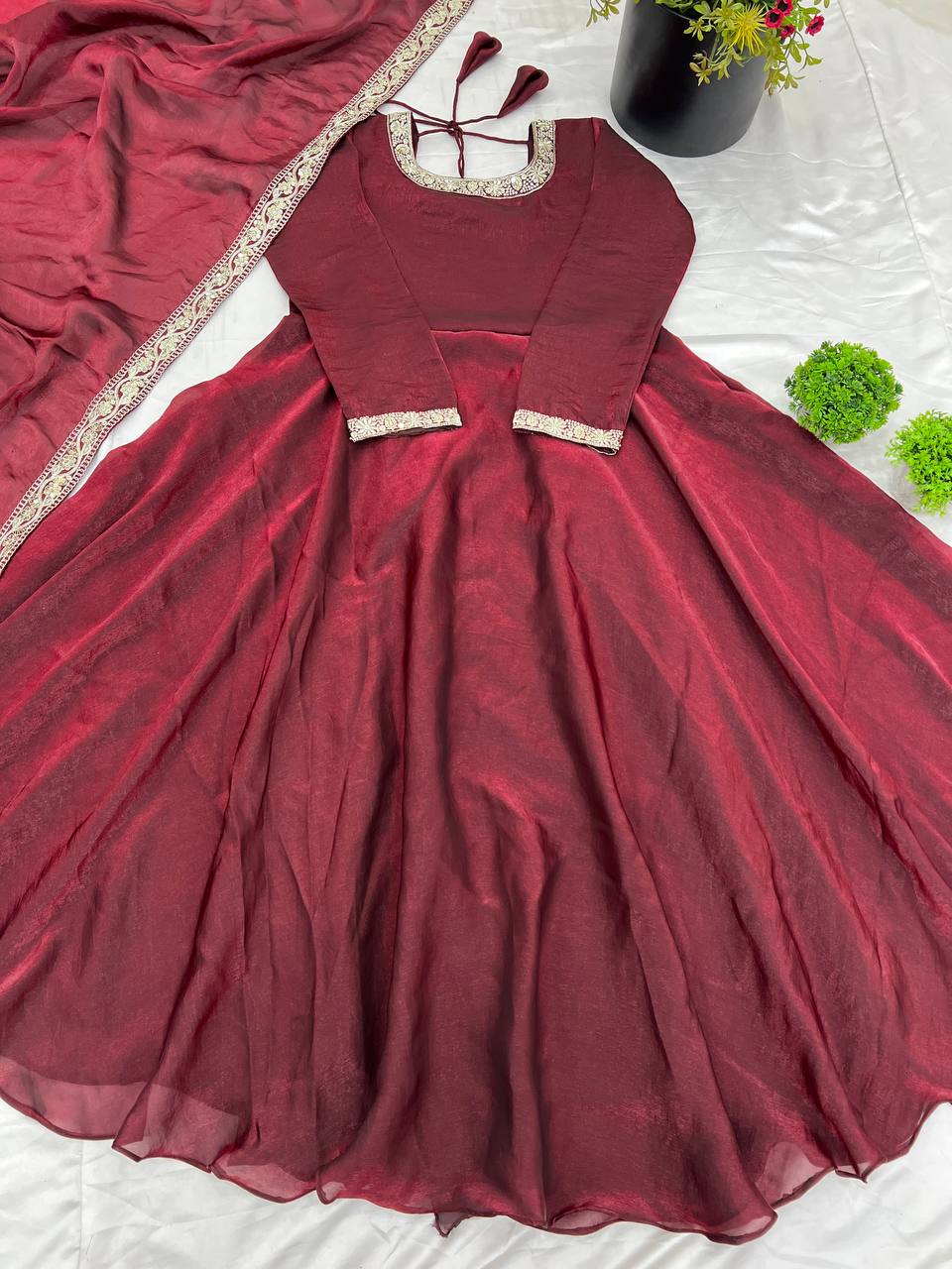 Gorgeous Fendi Silk Sequins Embroidered Fully Stitched Anarkali With Dupatta