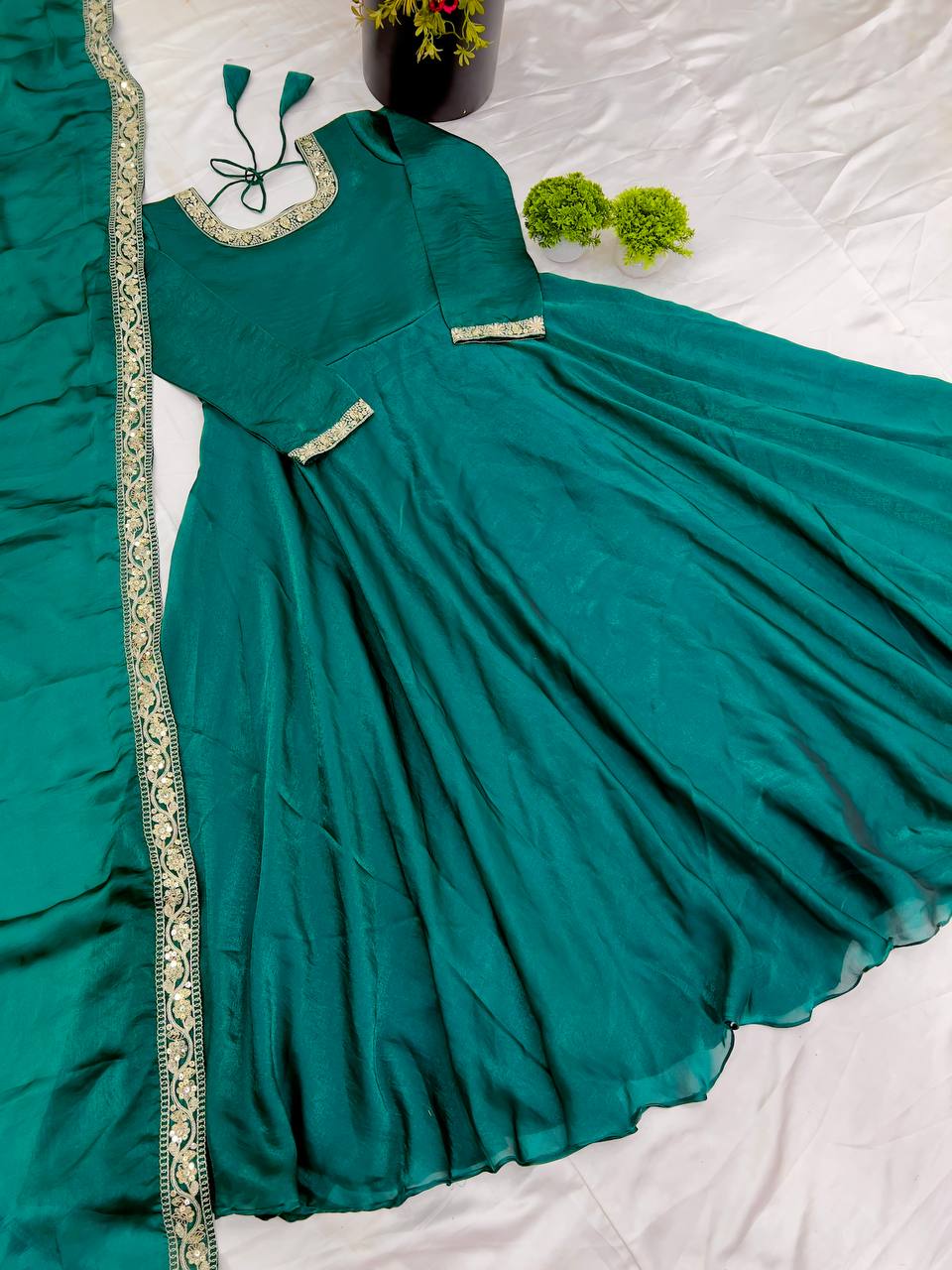 Gorgeous Fendi Silk Sequins Embroidered Fully Stitched Anarkali With Dupatta