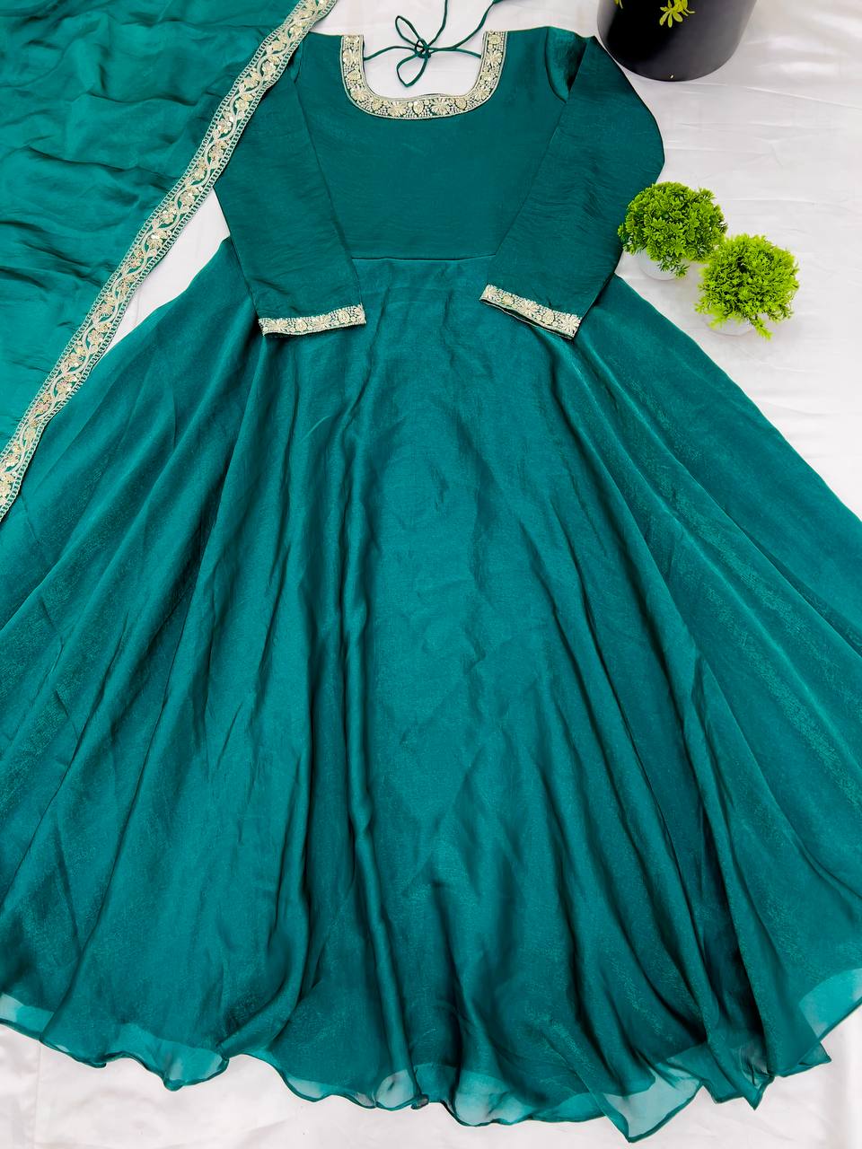 Gorgeous Fendi Silk Sequins Embroidered Fully Stitched Anarkali With Dupatta