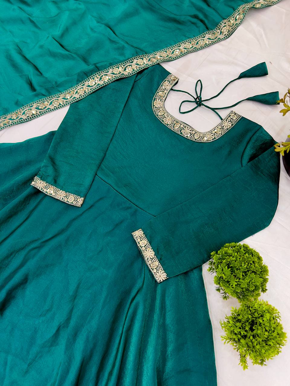 Gorgeous Fendi Silk Sequins Embroidered Fully Stitched Anarkali With Dupatta