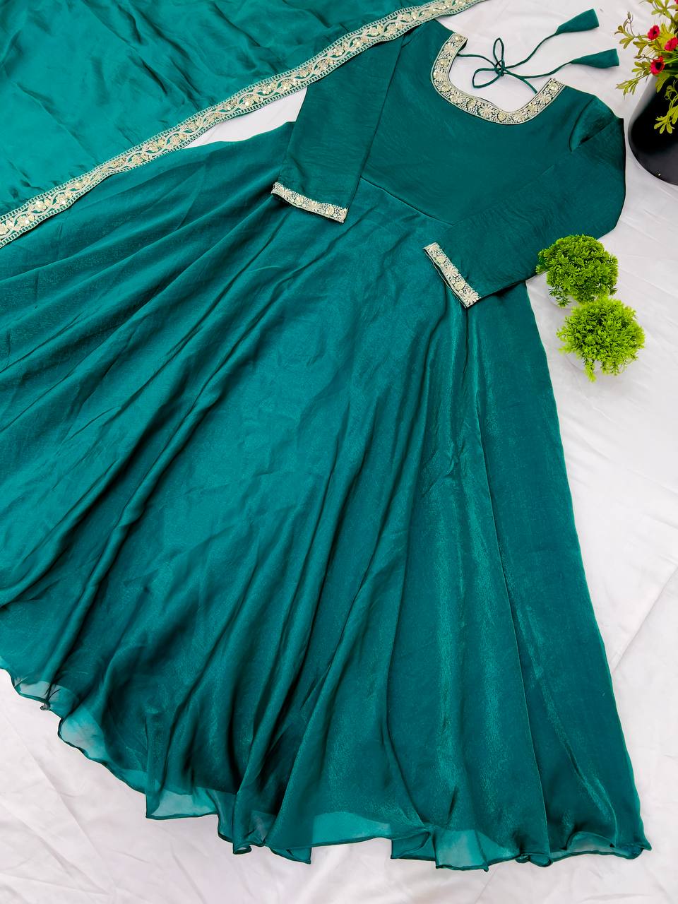 Gorgeous Fendi Silk Sequins Embroidered Fully Stitched Anarkali With Dupatta