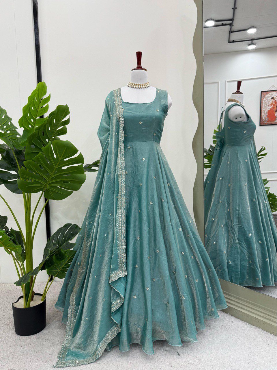 Stylish Cyan Fendy Silk Thread Sequins Worked Anarkali Pant Suit