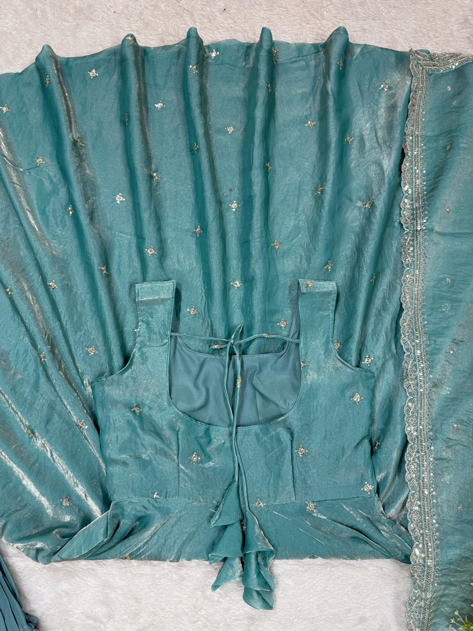 Stylish Cyan Fendy Silk Thread Sequins Worked Anarkali Pant Suit