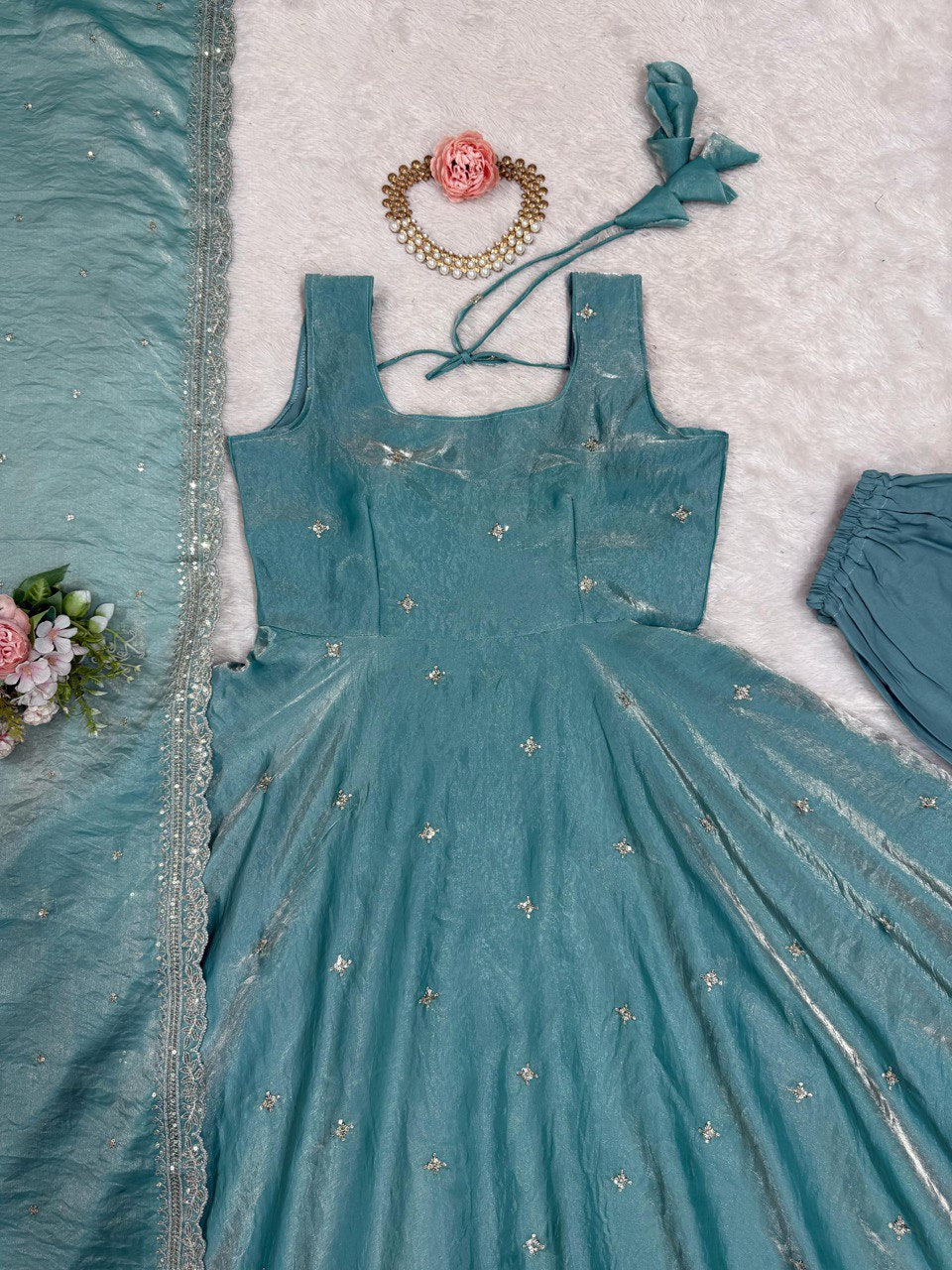 Stylish Cyan Fendy Silk Thread Sequins Worked Anarkali Pant Suit