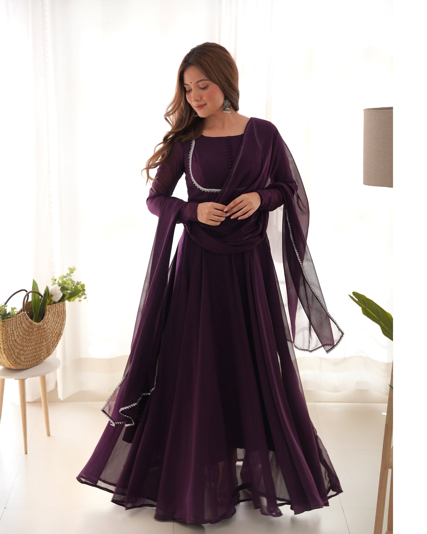 Fetching Faux Georgette Fancy Neck Anarkali Pant Suit - INDIAN ELEGANCE