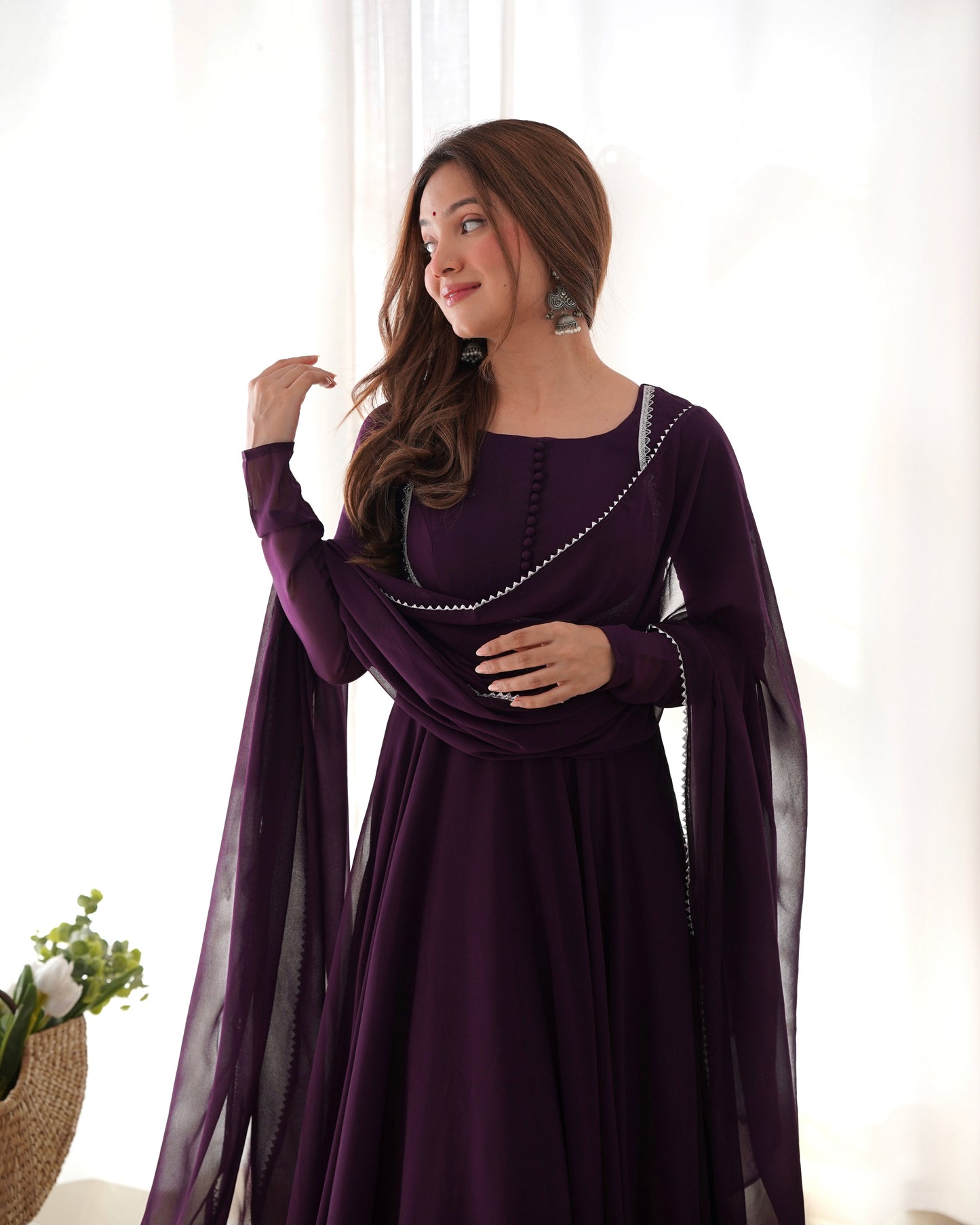 Fetching Faux Georgette Fancy Neck Anarkali Pant Suit - INDIAN ELEGANCE