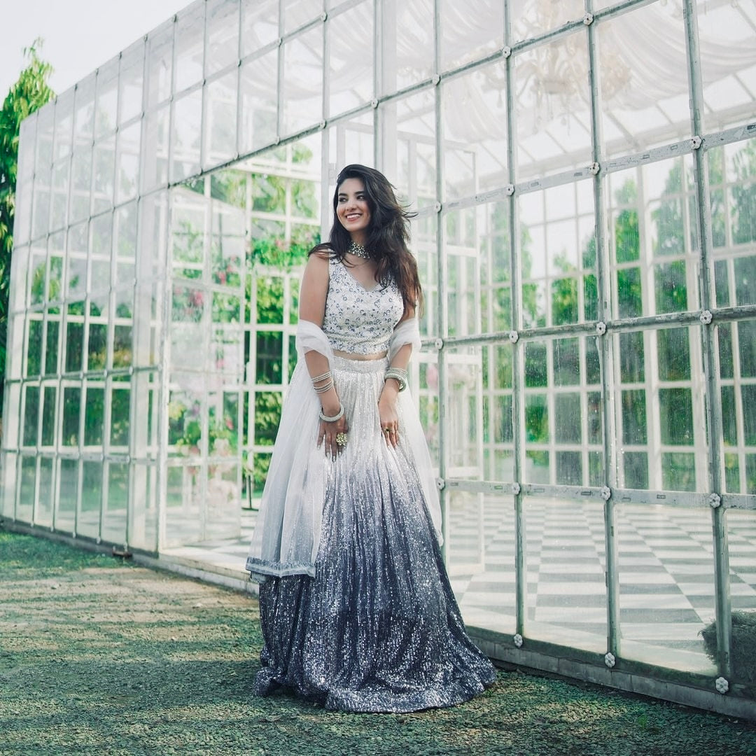 Silver Grey Shaded Georgette Silk Lehenga with Sequin Work & Net Dupatta.